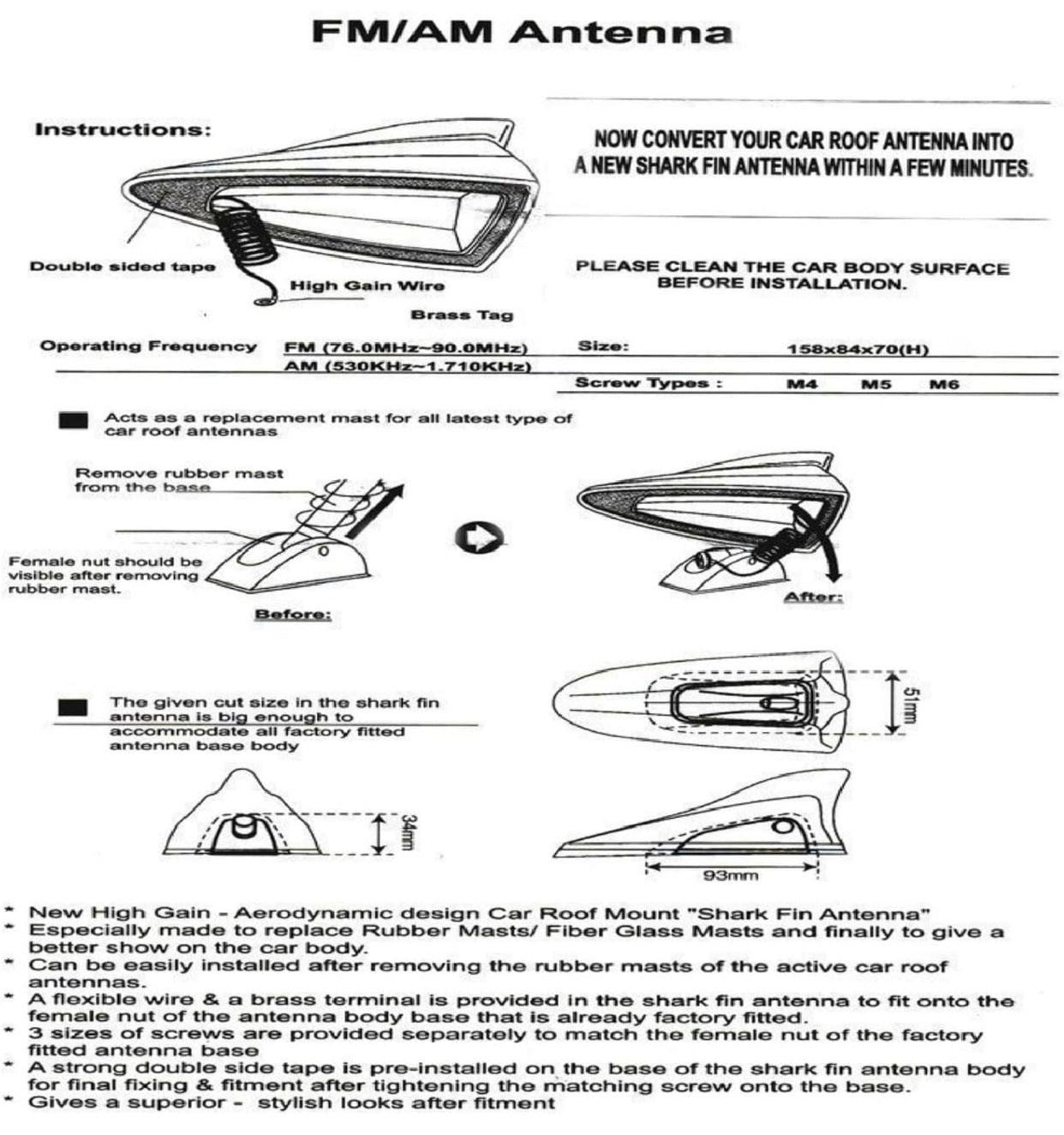 GENFRID Car Shark Fin Style Roof Mount FM/AM Radio Antenna Aerial with Wiring Waterproof Signal