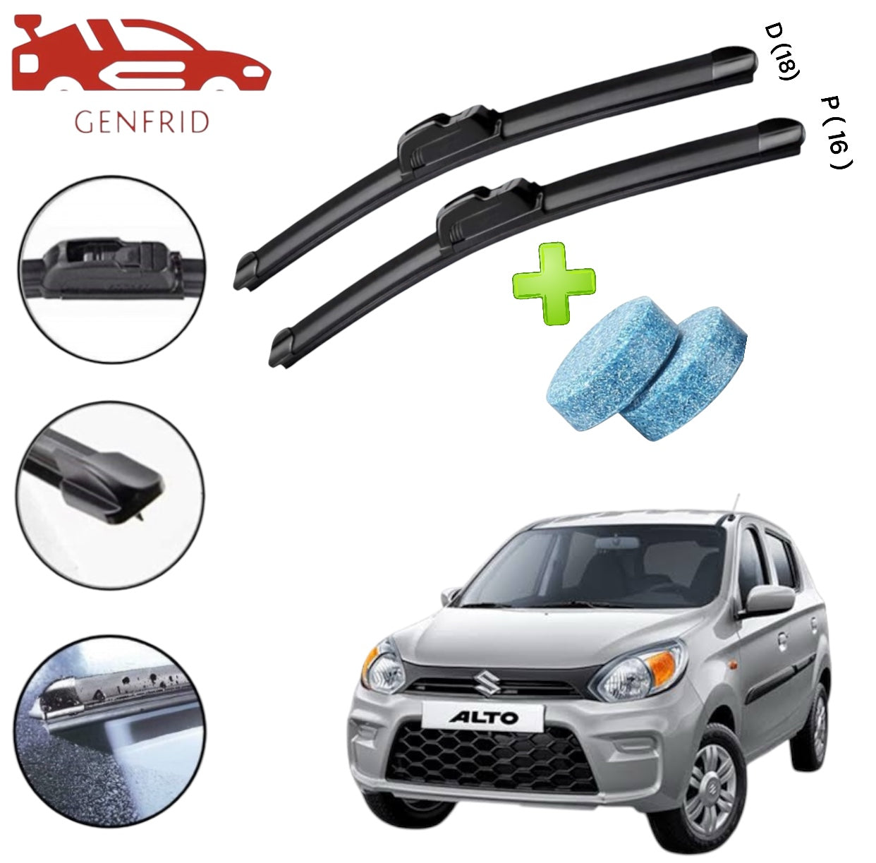 Genfrid Flat Rubber Frameless Car Wiper For Maruti Alto 800 (Right-18, Left–16) (Pack Of 2)(Free Washer Tablet)