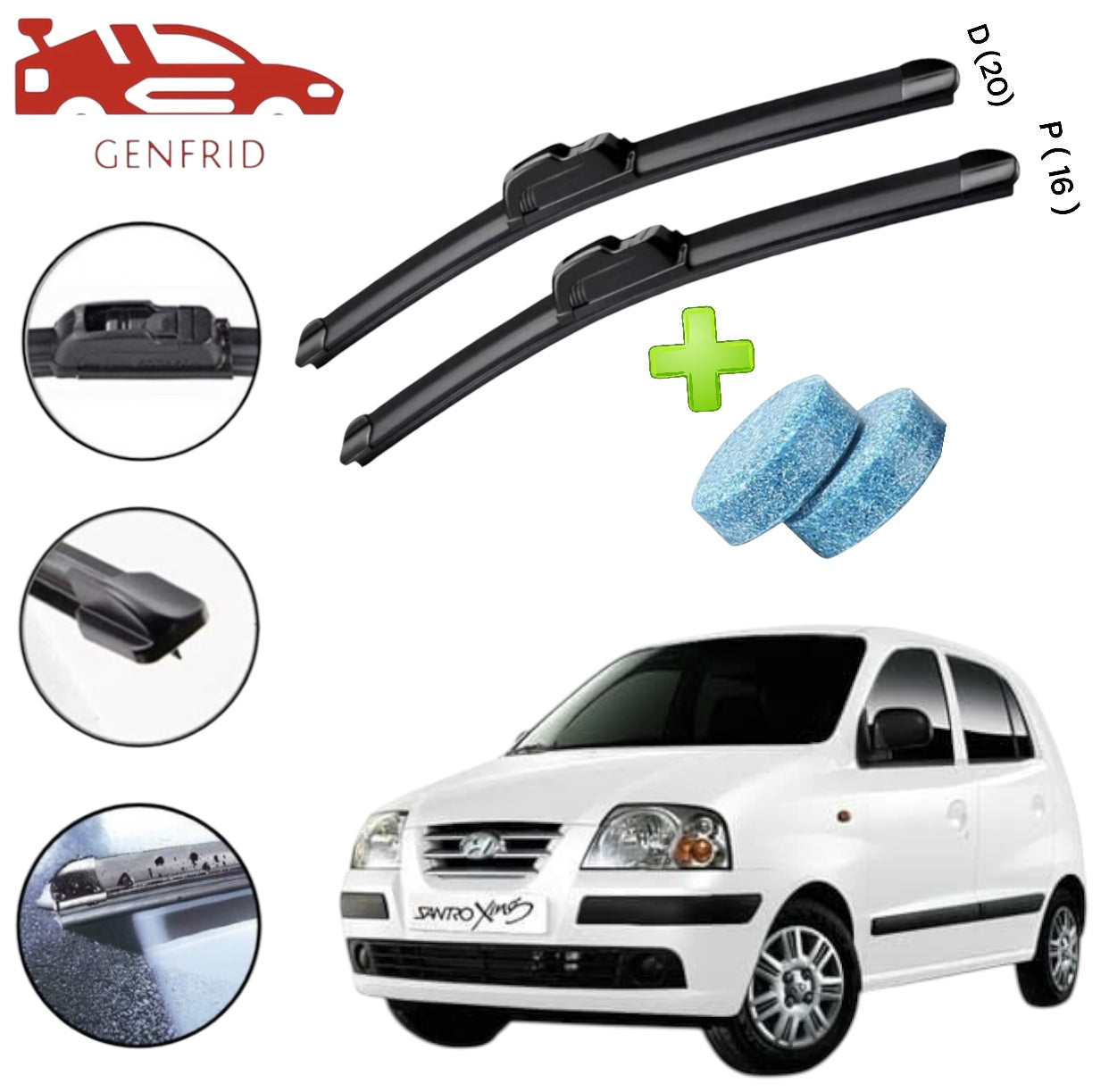 Genfrid Flat Rubber Frameless Car Wiper For Hyundai Santro Xing (Right-20, Left–16) (Pack Of 2)(Free Washer Tablet)