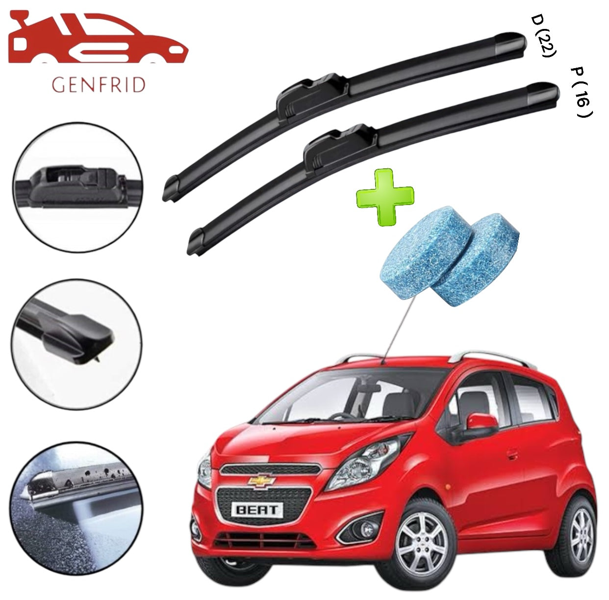 Genfrid Flat Rubber Frameless Car Wiper For Chevrolet Beat (Right-22, Left–16)(Pack Of 2)(Free Washer Tablet)