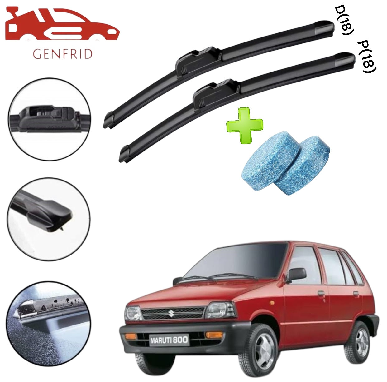 Genfrid Flat Rubber Frameless Car Wiper For Maruti 800 (Right-18, Left–18)(Pack Of 2)(Free Washer Tablet)