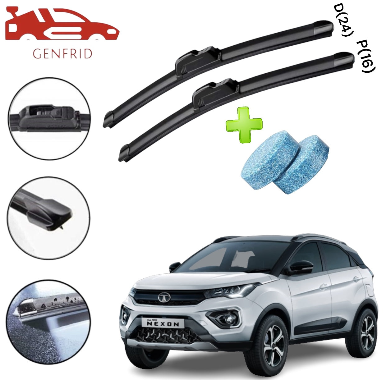 Genfrid Flat Rubber Frameless Car Wiper For Tata Nexon (Right-24, Left–16)(Pack Of 2)(Free Washer Tablet)