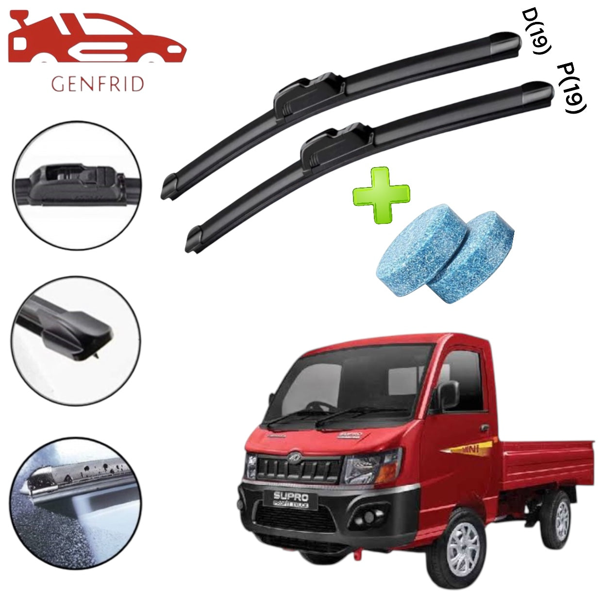 Genfrid Flat Rubber Frameless Car/Mini Truck Wiper For Mahindra Supro (Right-19, Left–19)(Pack Of 2)(Free Washer Tablet)
