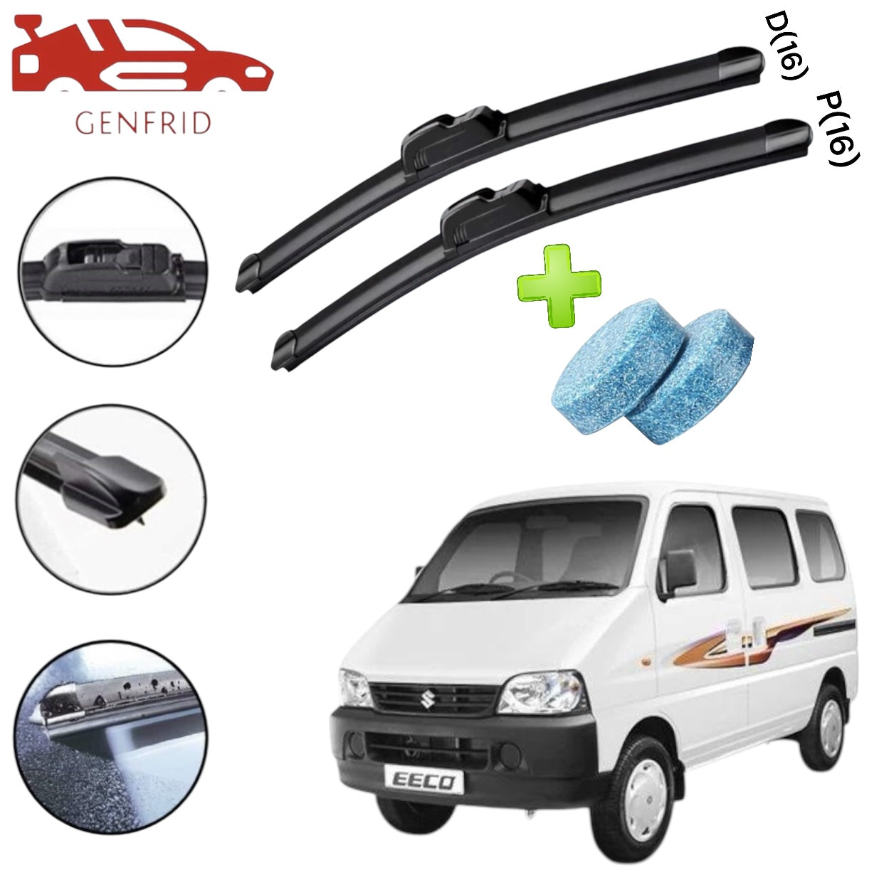 Genfrid Flat Rubber Frameless Car Wiper For Maruti Eeco (Right-16, Left–16)(Pack Of 2)(Free Washer Tablet)