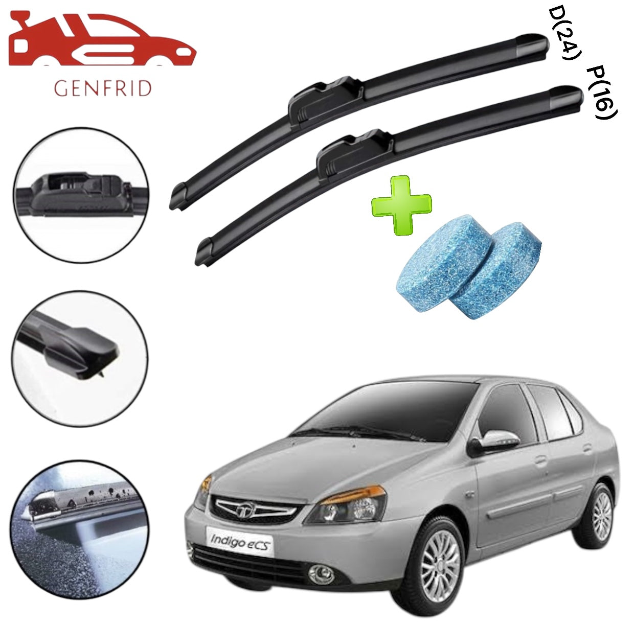 Genfrid Flat Rubber Frameless Car Wiper For Tata Indigo (Right-24, Left–16)(Pack Of 2)(Free Washer Tablet)