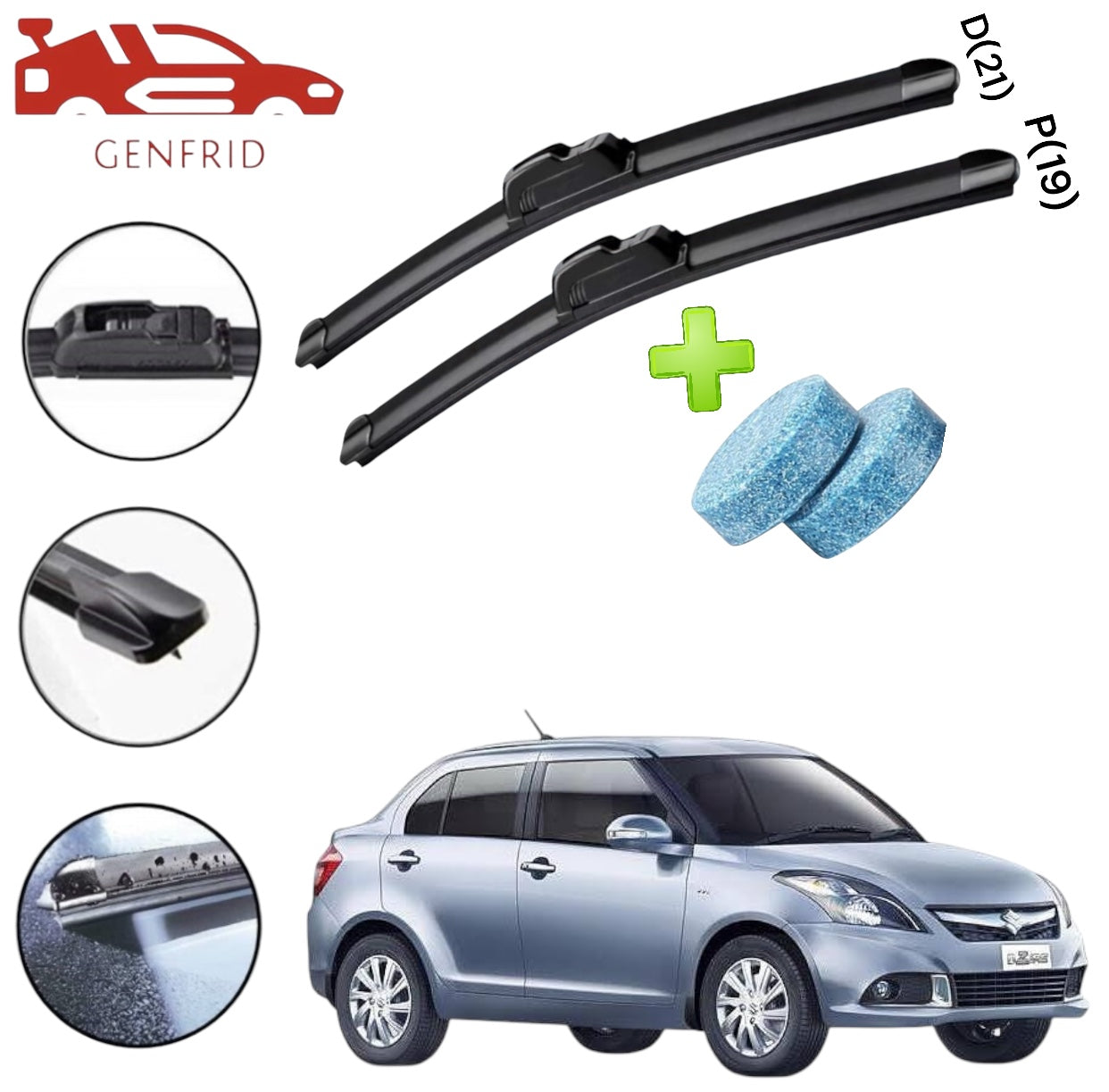 Genfrid Flat Rubber Frameless Car Wiper For Maruti Swift Dzire (Right-21, Left–19)(Pack Of 2)(Free Washer Tablet)