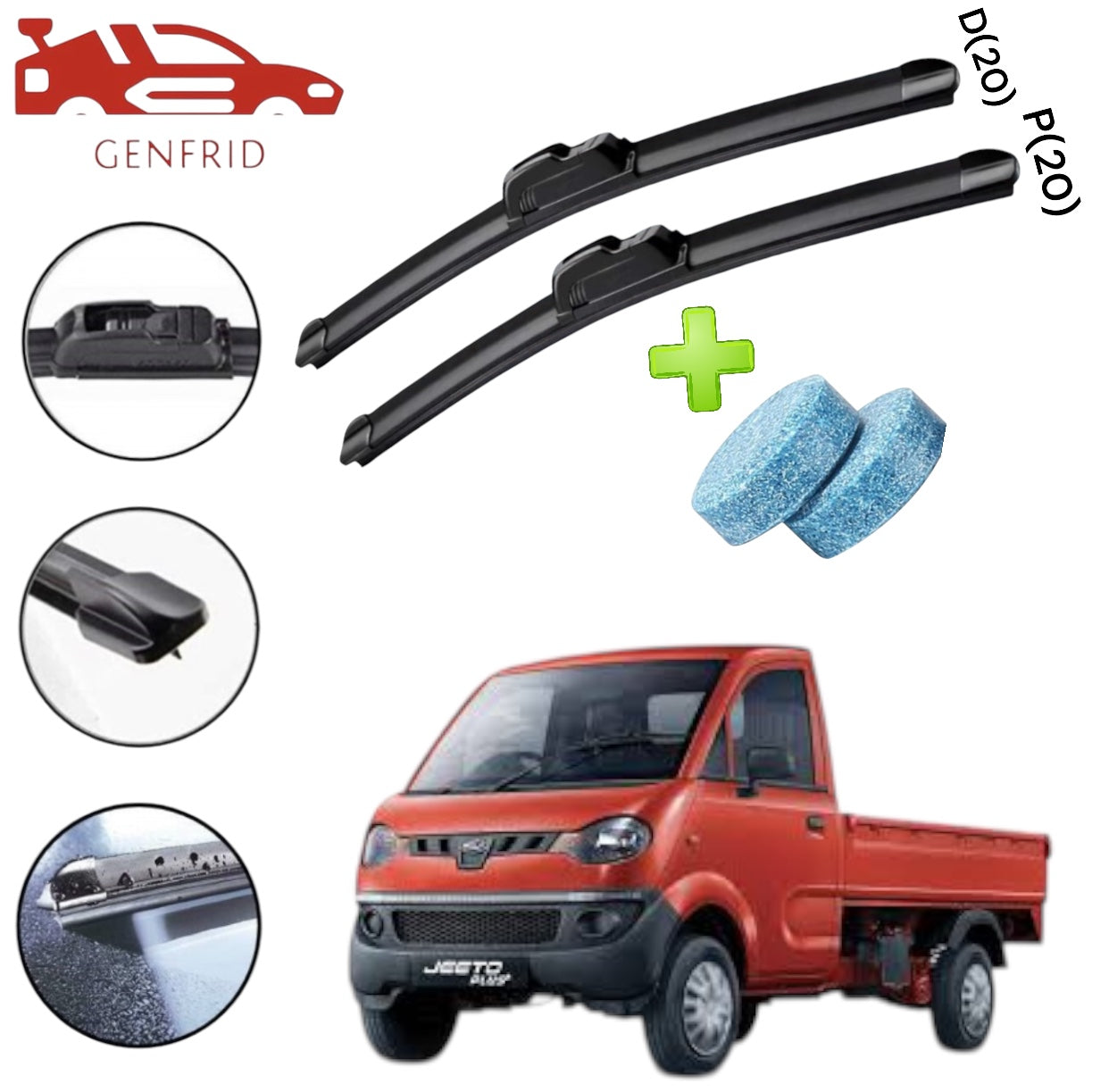 Genfrid Flat Rubber Frameless Car/Mini Truck Wiper For Mahindra Jeeto (Right-20, Left–20)(Pack Of 2)(Free Washer Tablet)