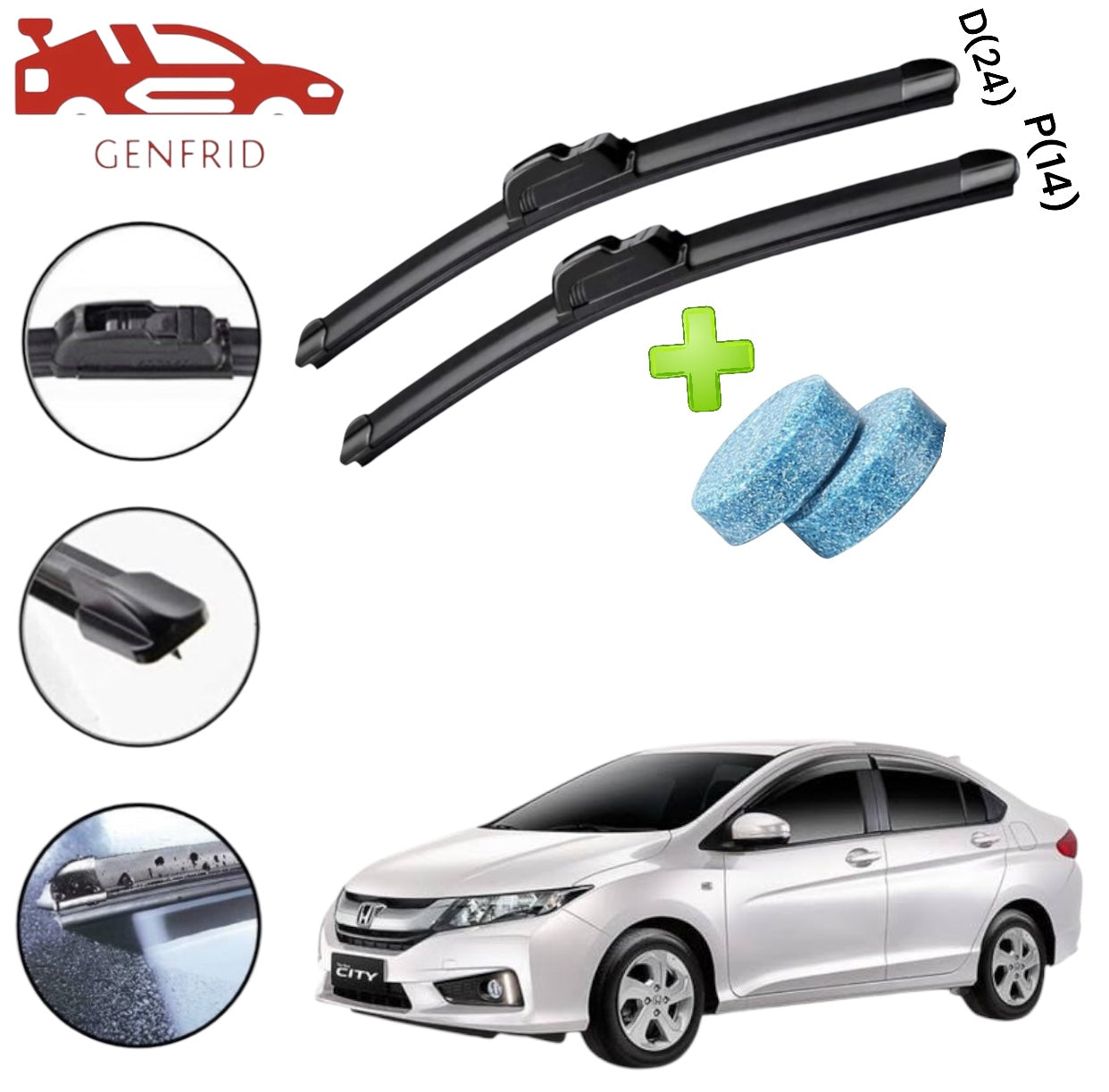 Genfrid Flat Rubber Frameless Car Wiper For Honda City (Right-24, Left–14)(Pack Of 2)(Free Washer Tablet)