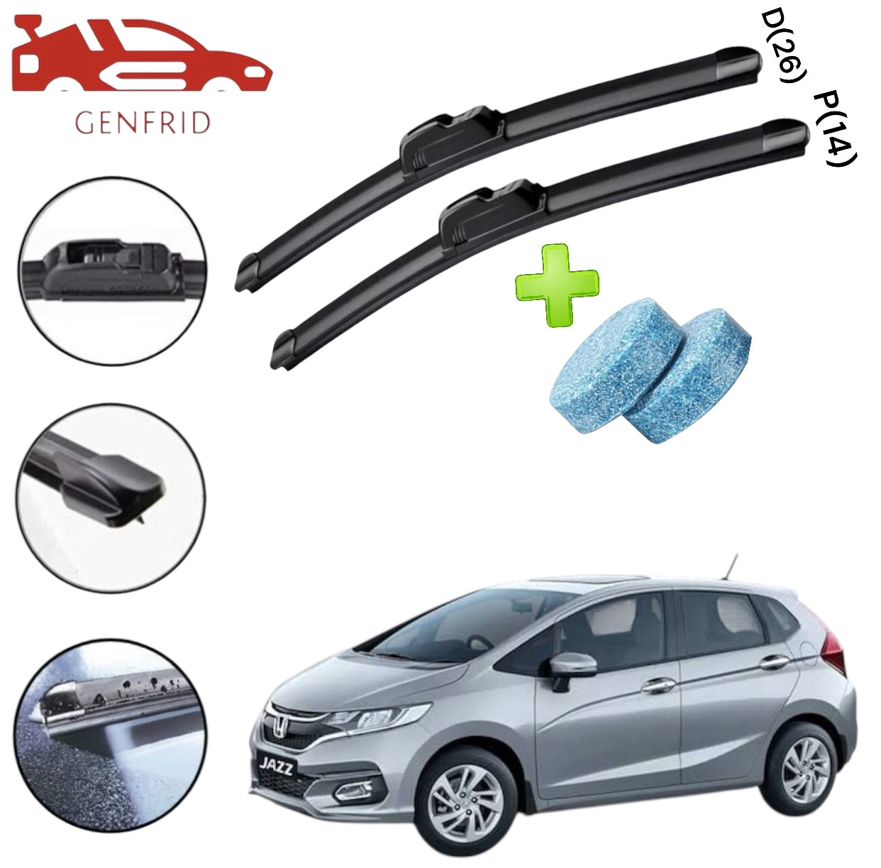 Genfrid Flat Rubber Frameless Car Wiper For Honda Jazz (Right-26, Left–14)(Pack Of 2)(Free Washer Tablet)