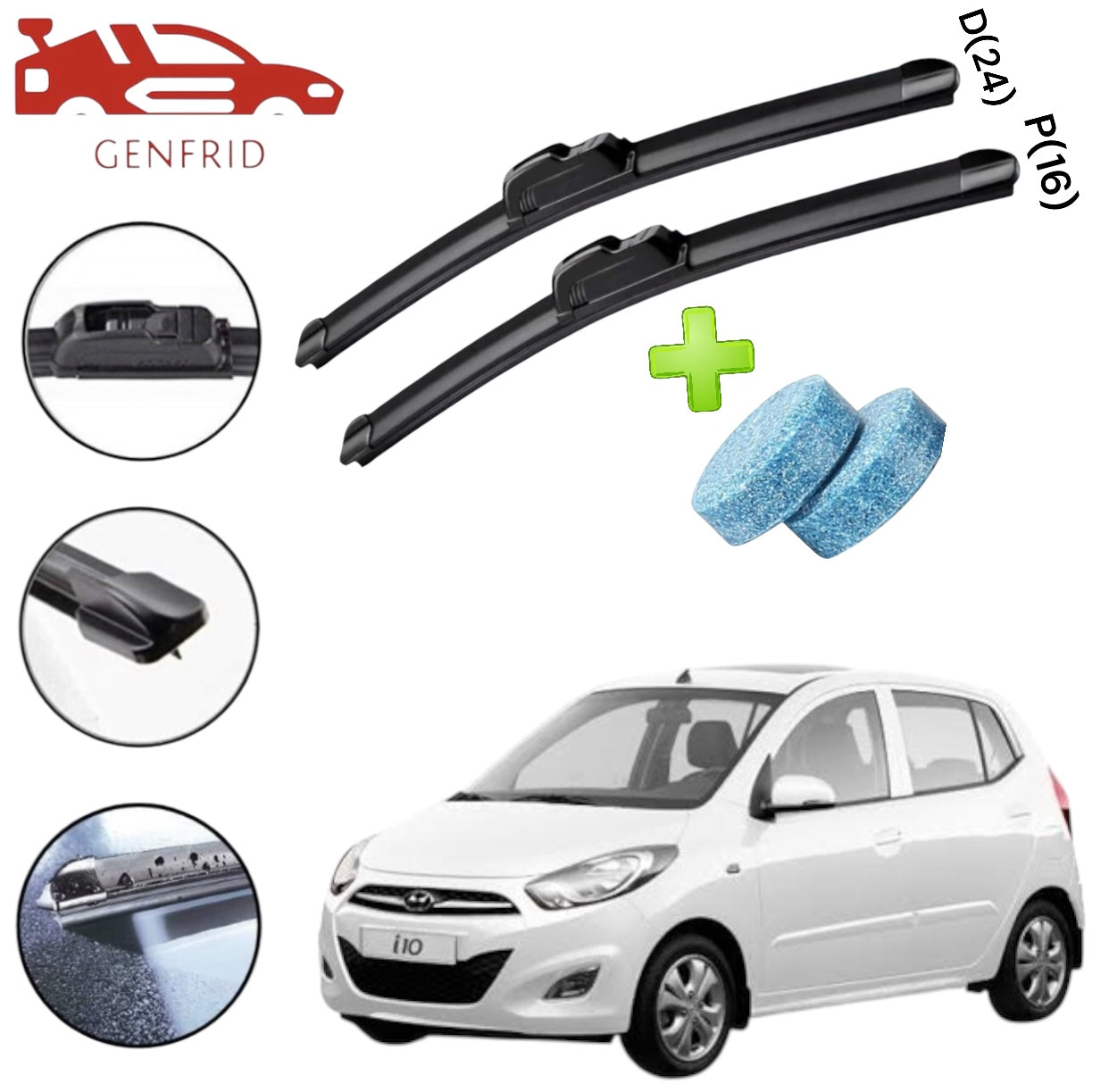 Genfrid Flat Rubber Frameless Car Wiper For Hyundai I10 (Right-24, Left–16)(Pack Of 2)(Free Washer Tablet)
