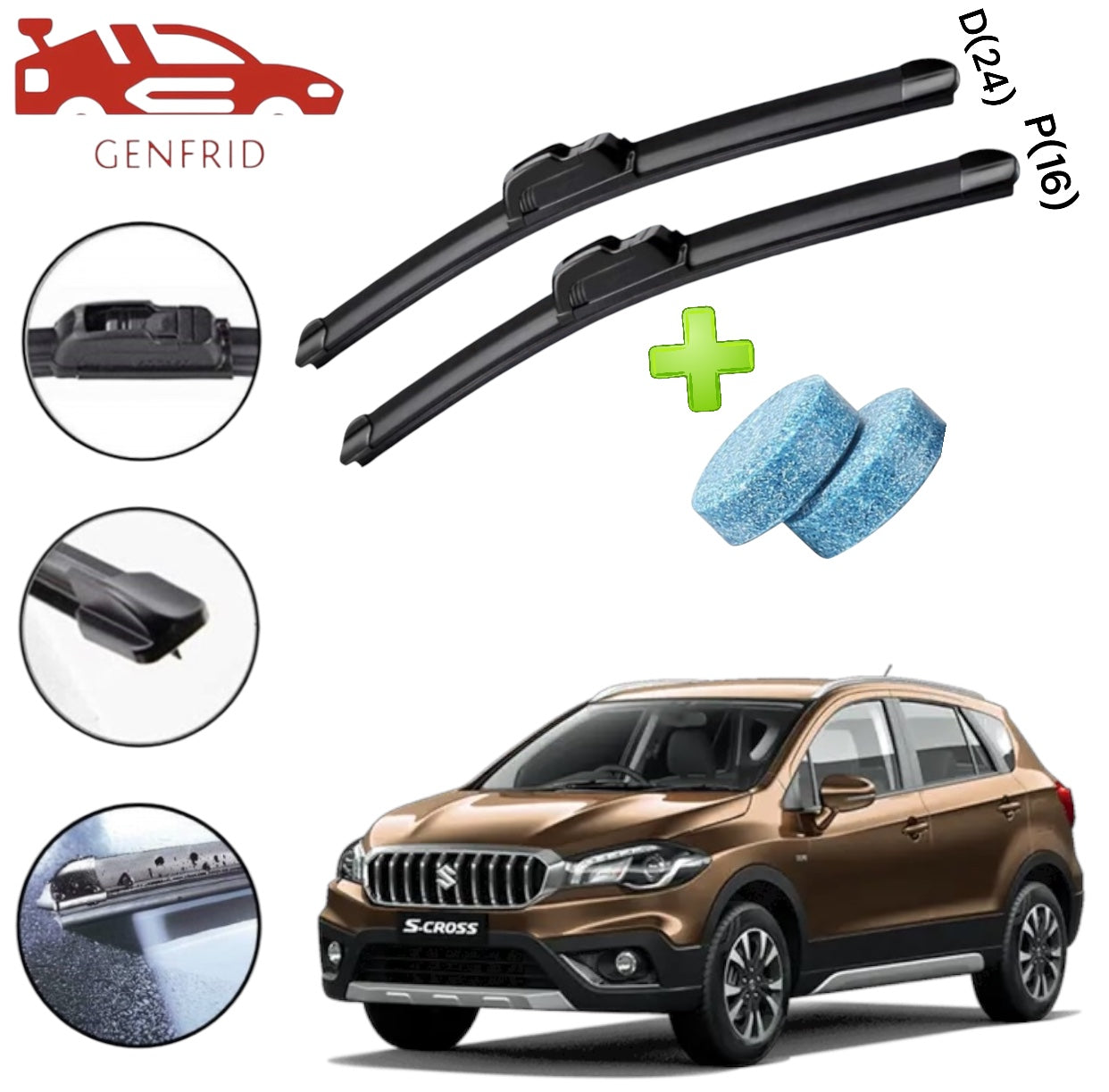 Genfrid Flat Rubber Frameless Car Wiper For Maruti Scross (Right-24, Left–16)(Pack Of 2)(Free Washer Tablet)