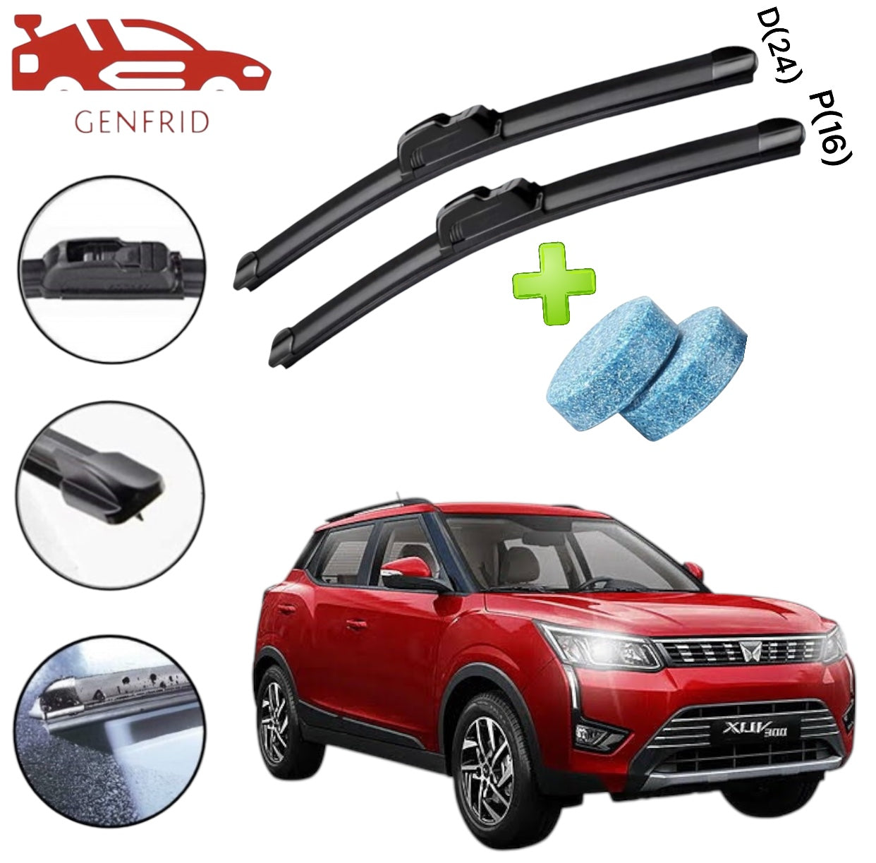 Genfrid Flat Rubber Frameless Car Wiper For Mahindra Xuv300 (Right-24, Left–16)(Pack Of 2)(Free Washer Tablet)