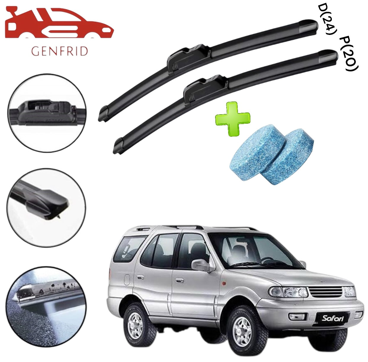 Genfrid Flat Rubber Frameless Car Wiper For Tata Safari Strome (Right-24, Left–20)(Pack Of 2)(Free Washer Tablet)