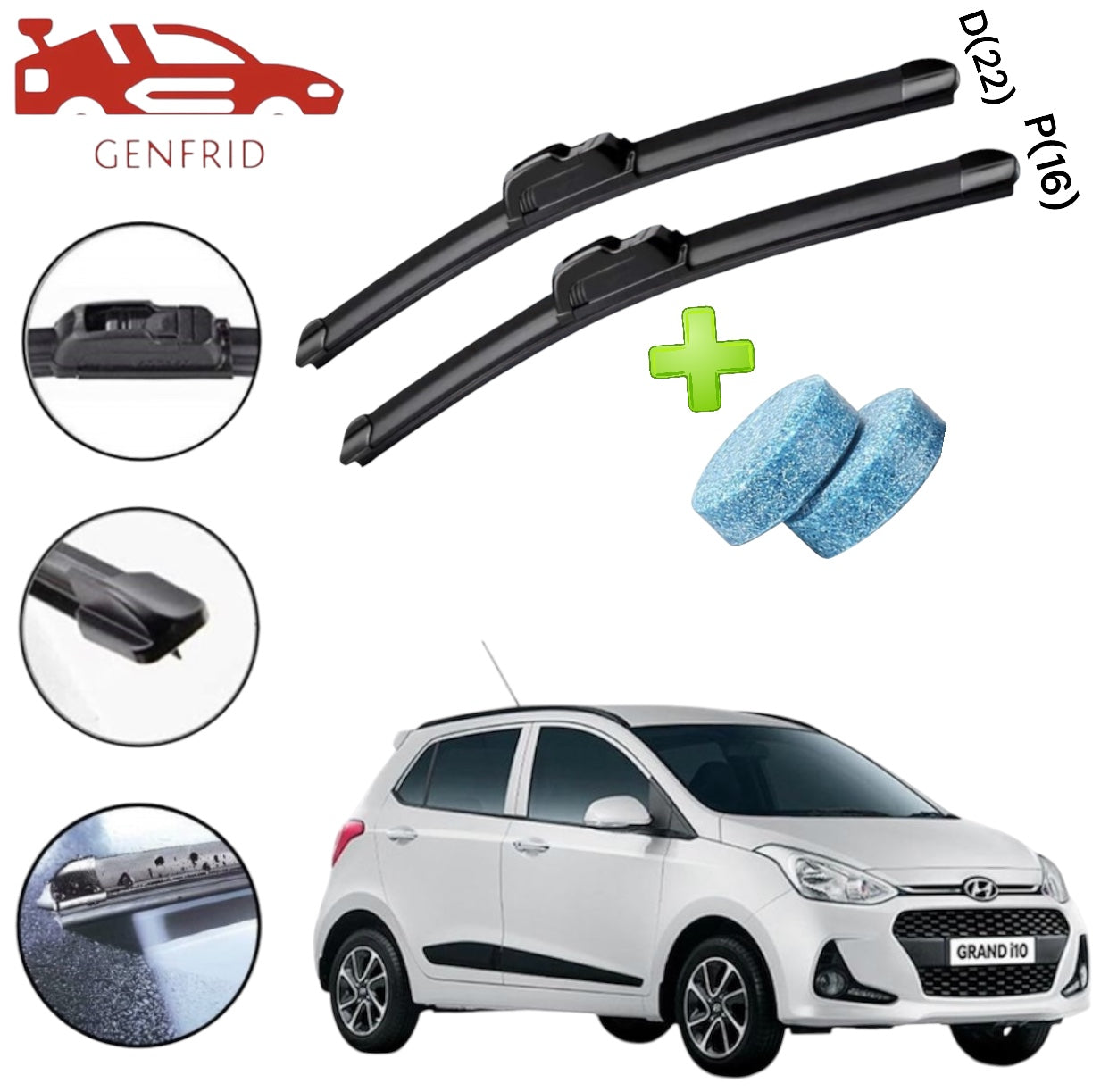 Genfrid Flat Rubber Frameless Car Wiper For Hyundai I10 Grand (Right-22, Left–16)(Pack Of 2)(Free Washer Tablet)