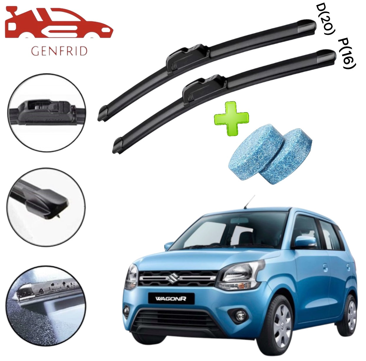 Genfrid Flat Rubber Frameless Car Wiper For Maruti Wagonr 2019-24 (Right-20, Left–16)(Pack Of 2)(Free Washer Tablet)
