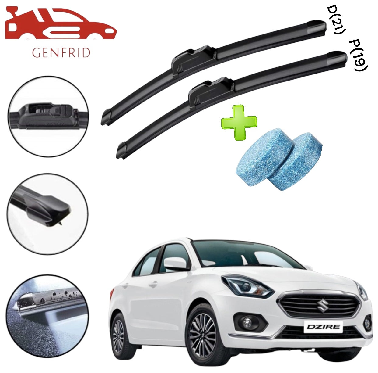 Genfrid Flat Rubber Frameless Car Wiper For Maruti Swift Dzire 2017-23 (Right-21, Left–19)(Pack Of 2)(Free Washer Tablet)