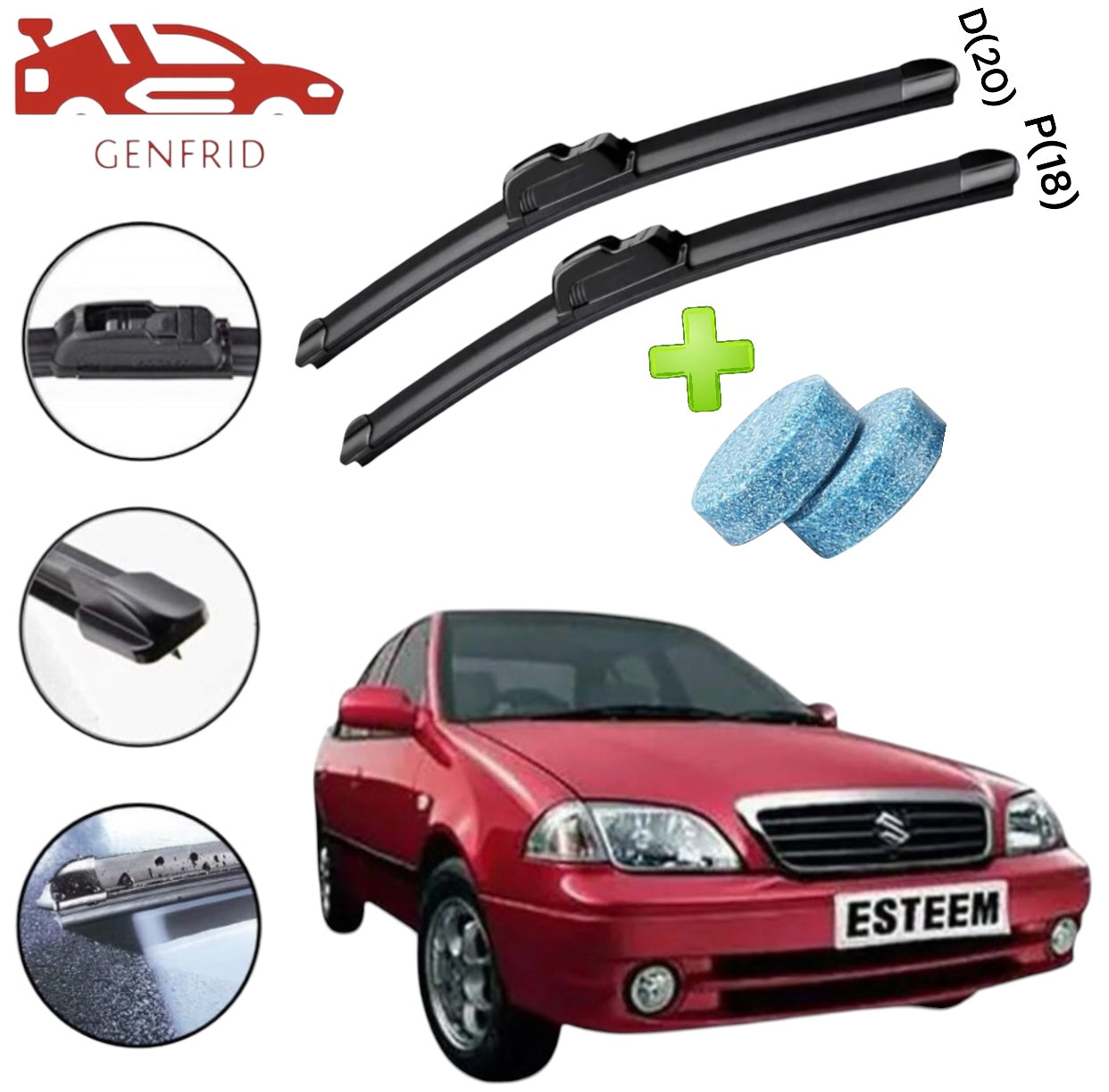Genfrid Flat Rubber Frameless Car Wiper For Maruti Esteem (Right-20, Left–18)(Pack Of 2)(Free Washer Tablet)