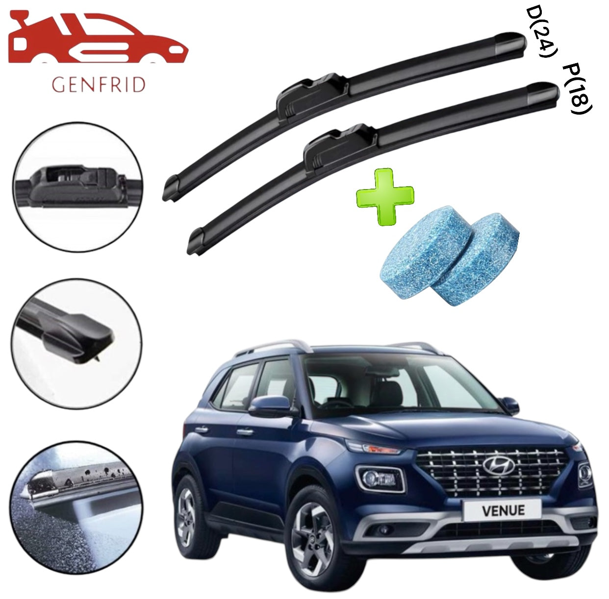 Genfrid Flat Rubber Frameless Car Wiper For Hyundai Venue (Right-24, Left–18)(Pack Of 2)(Free Washer Tablet)