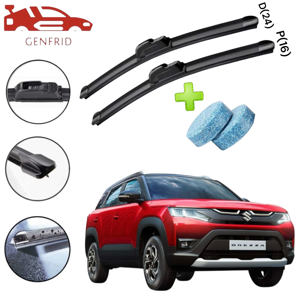 Genfrid Flat Rubber Frameless Car Wiper For Maruti Brezza 2022 (Right-24, Left–16)(Pack Of 2)(Free Washer Tablet)