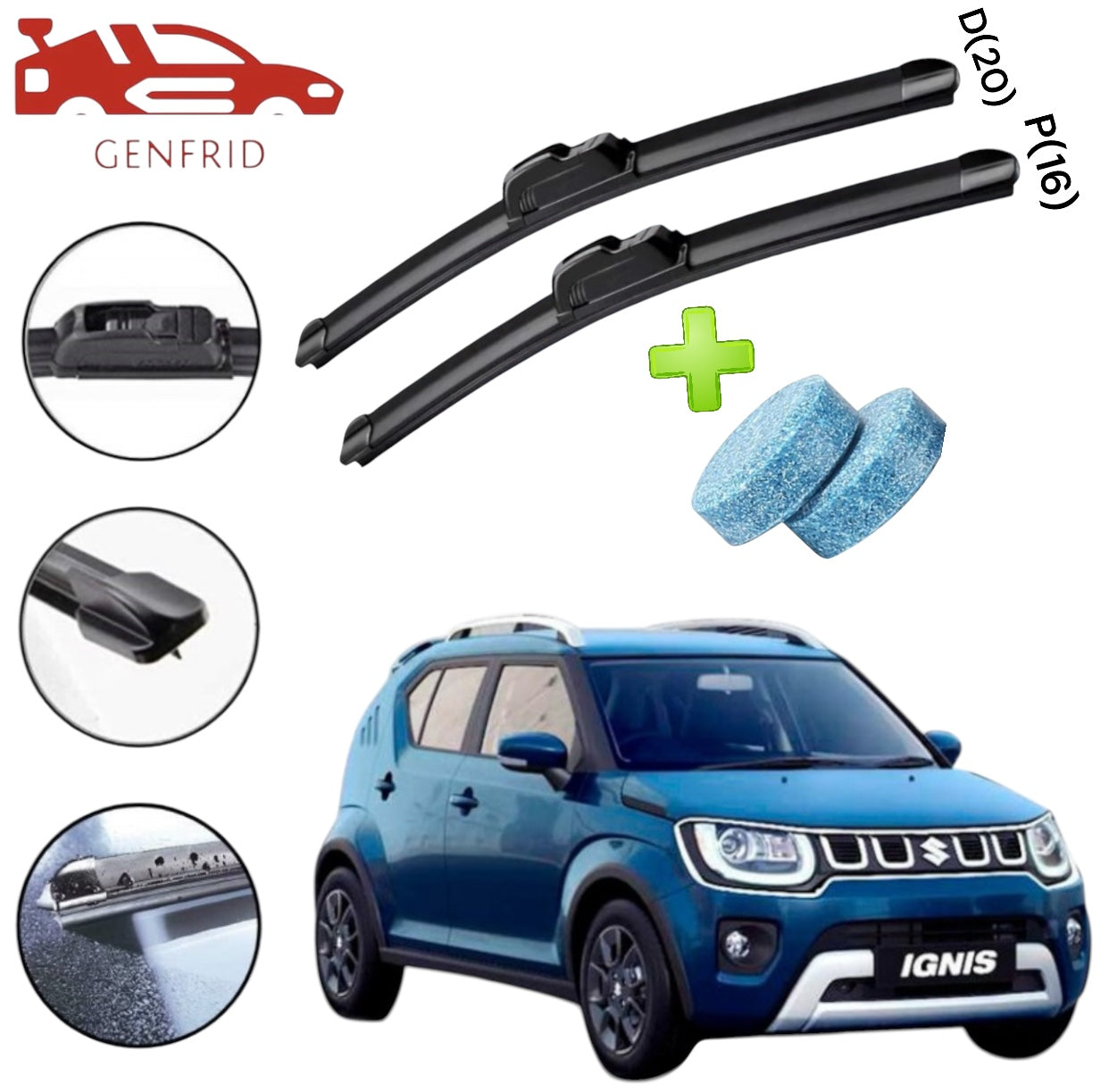 Genfrid Flat Rubber Frameless Car Wiper For Maruti Ignis (Right-20, Left–16)(Pack Of 2)(Free Washer Tablet)