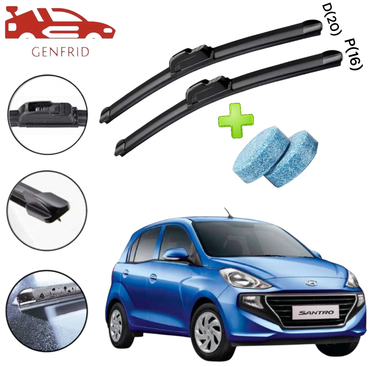 Genfrid Flat Rubber Frameless Car Wiper For Hyundai Santro 18 (Right-20, Left–16)(Pack Of 2)(Free Washer Tablet)