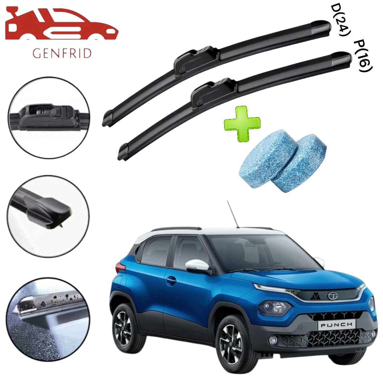 Genfrid Flat Rubber Frameless Car Wiper For Tata Punch (Right-24, Left–16)(Pack Of 2)(Free Washer Tablet)