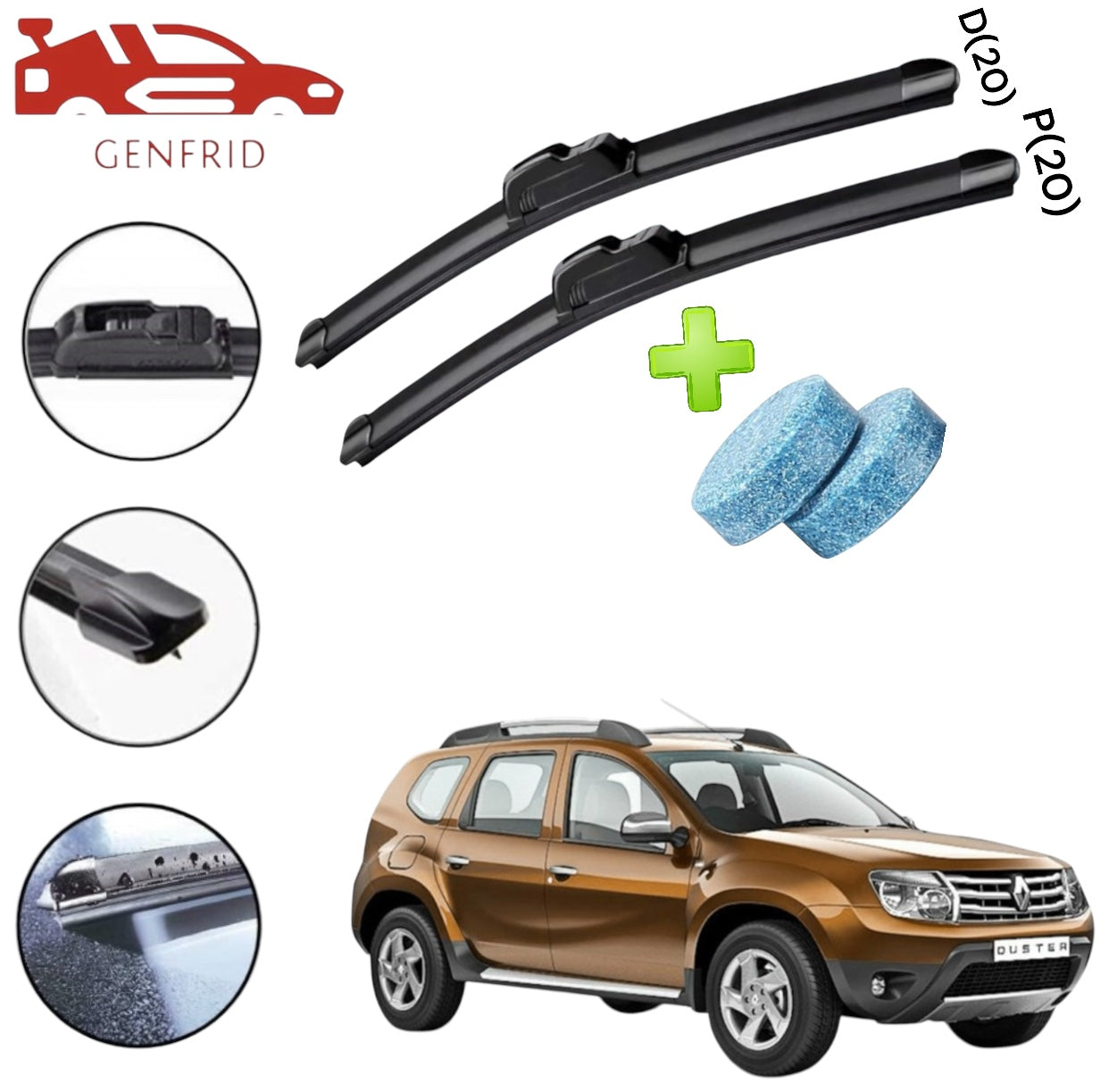 Genfrid Flat Rubber Frameless Car Wiper For Renault Duster (Right-20, Left–20)(Pack Of 2)(Free Washer Tablet)