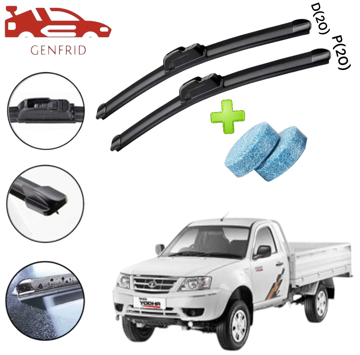 Genfrid Flat Rubber Frameless Car/Mini Truck Wiper For Tata Yodha (Right-20, Left–20)(Pack Of 2)(Free Washer Tablet)
