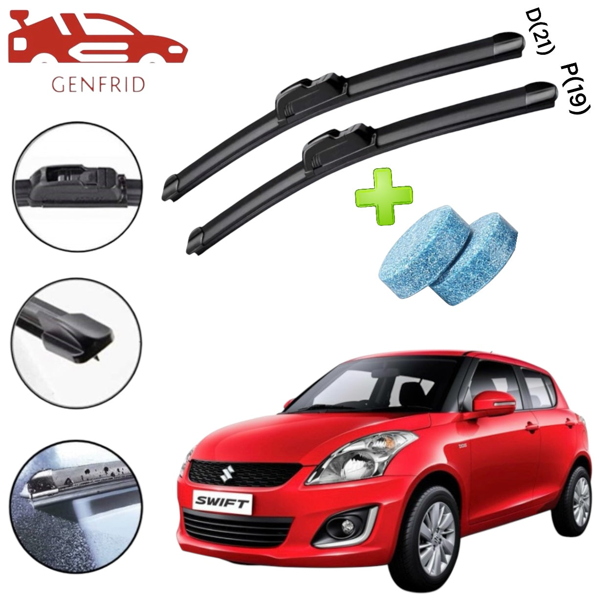 Genfrid Flat Rubber Frameless Car Wiper For Maruti Swift 2012-16 (Right-21, Left–19)(Pack Of 2)(Free Washer Tablet)
