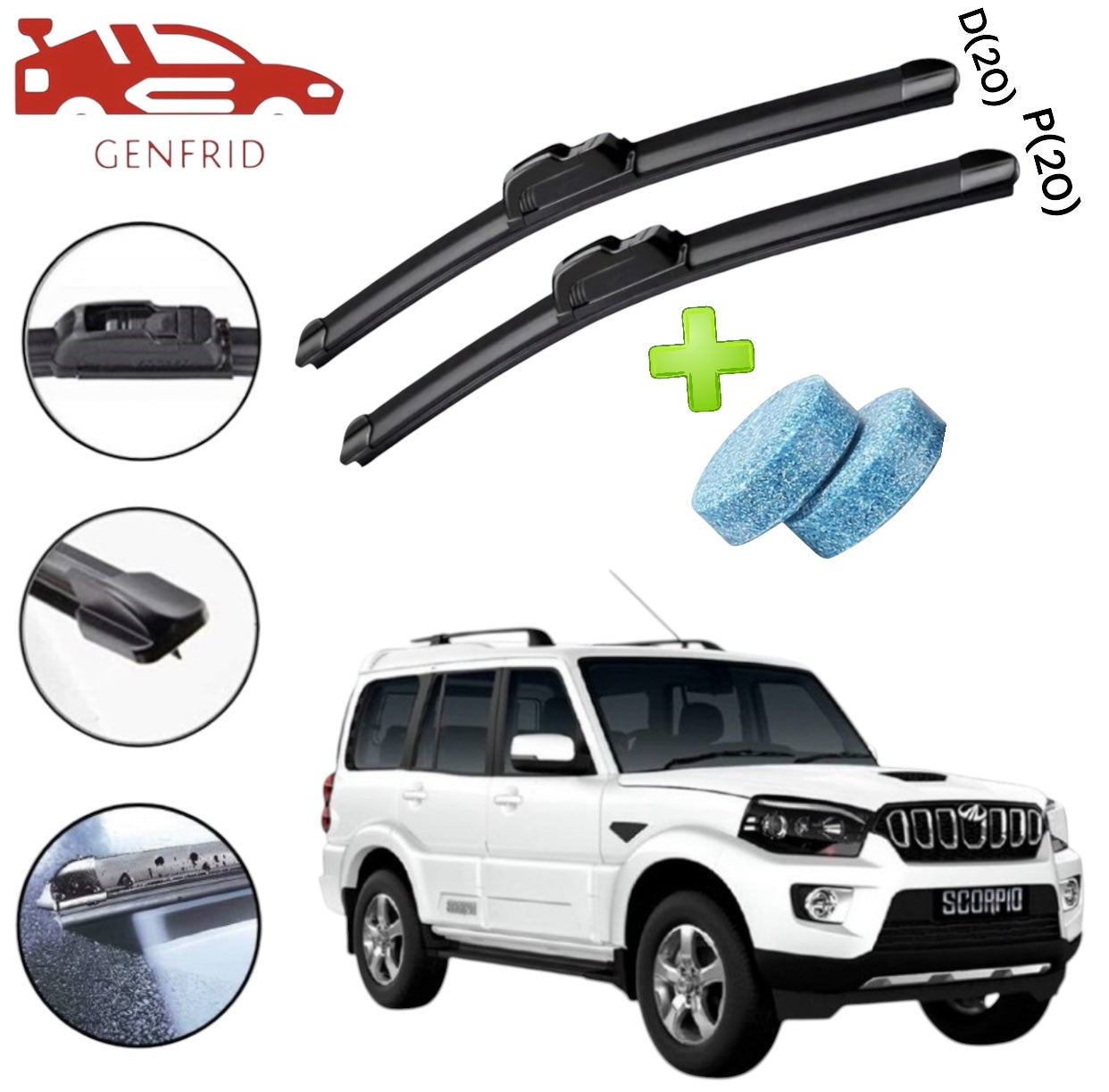 Genfrid Flat Rubber Frameless Car Wiper For Mahindra Scorpio (Right-20, Left–20)(Pack Of 2)(Free Washer Tablet)