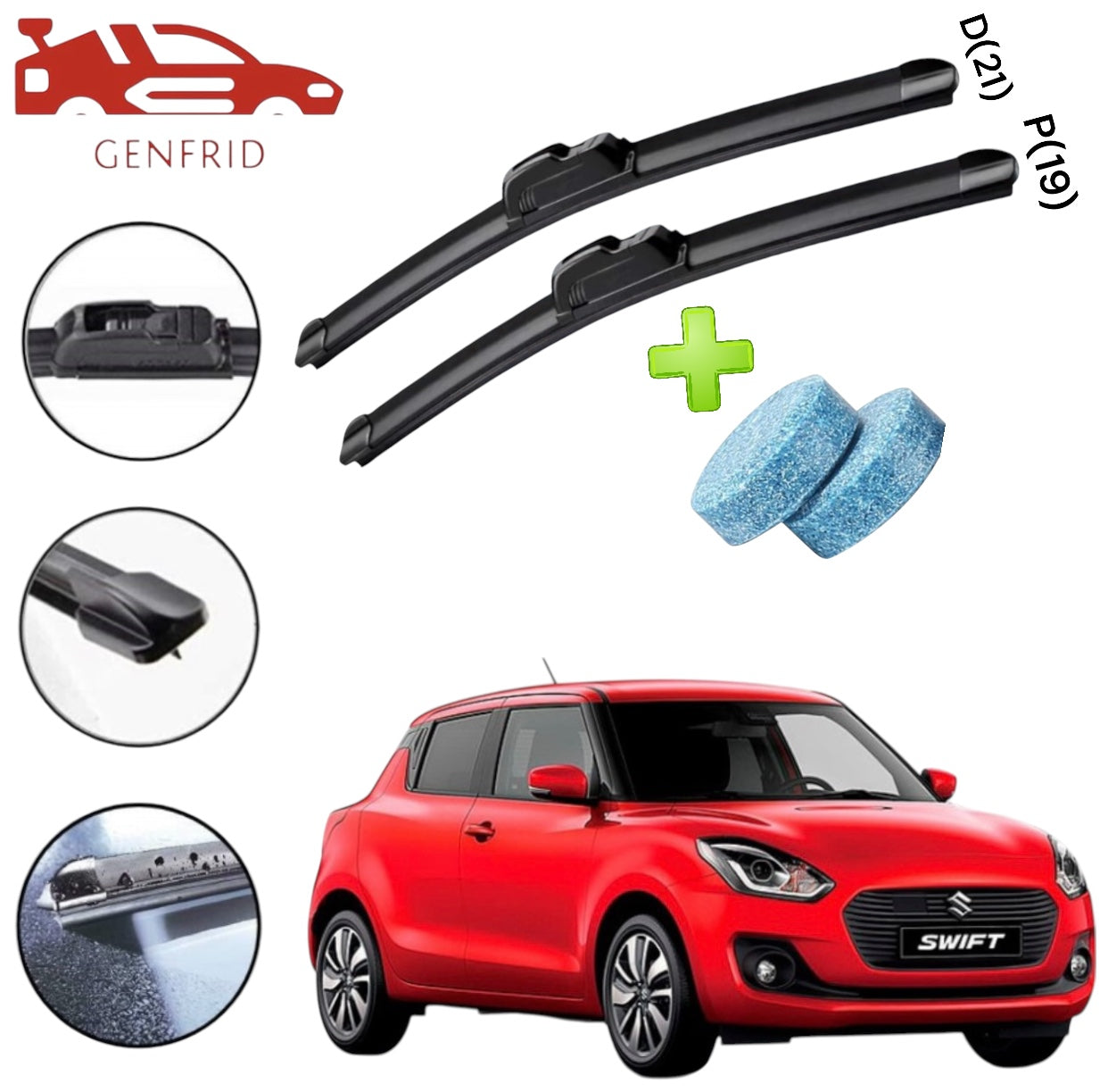 Genfrid Flat Rubber Frameless Car Wiper For Maruti Swift 2018 (Right-21, Left–19)(Pack Of 2)(Free Washer Tablet)