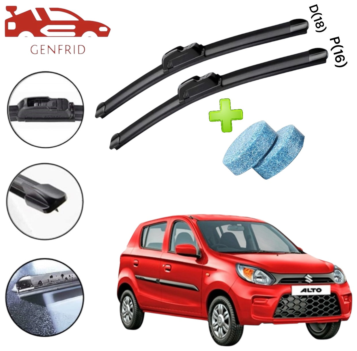 Genfrid Flat Rubber Frameless Car Wiper For Maruti Alto800 (Right-18, Left–16)(Pack Of 2)(Free Washer Tablet)
