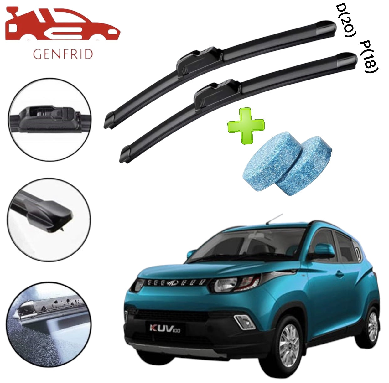 Genfrid Flat Rubber Frameless Car Wiper For Mahindra KUV100 (Right-20, Left–18)(Pack Of 2)(Free Washer Tablet)