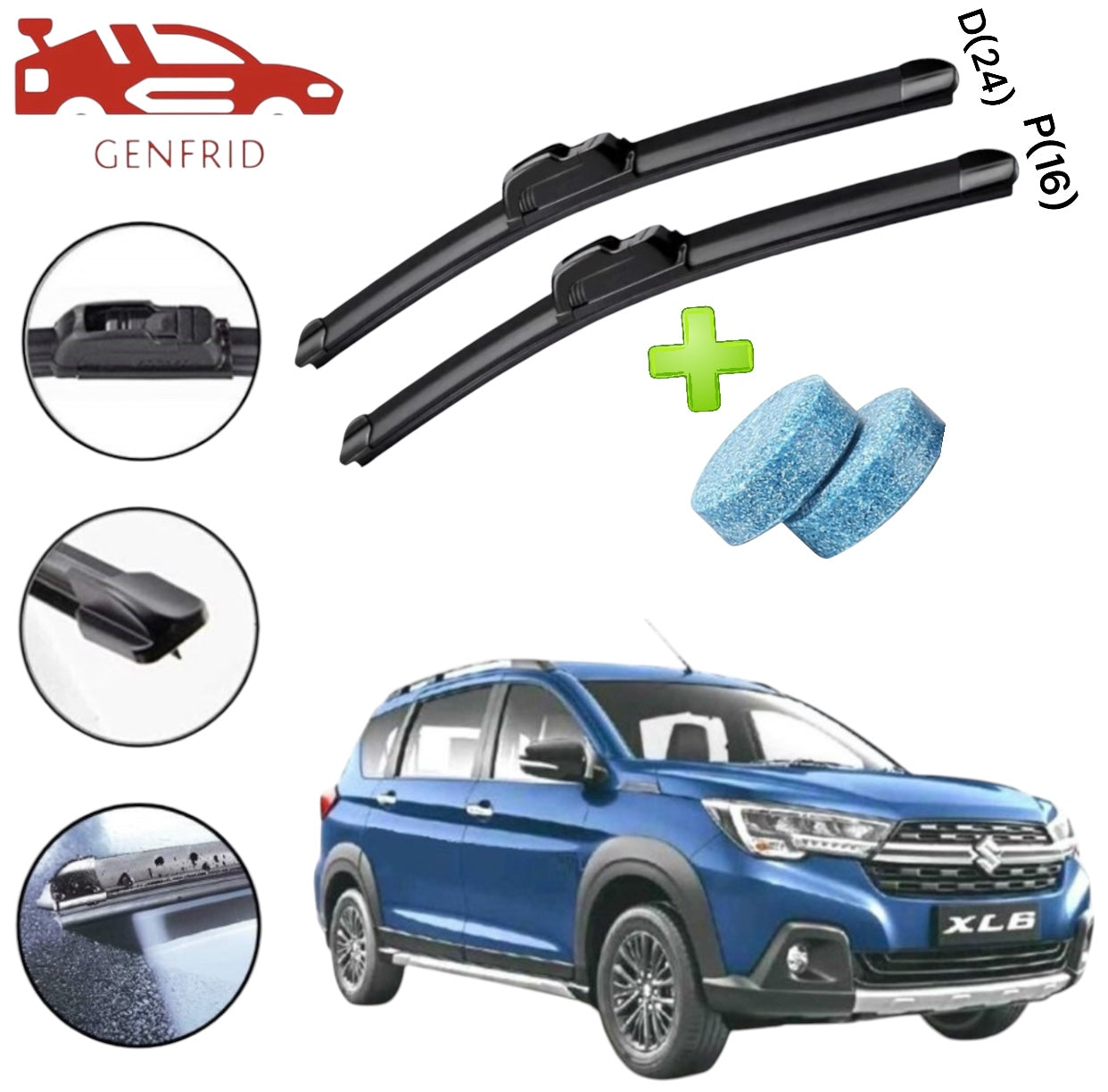Genfrid Flat Rubber Frameless Car Wiper For Maruti XL6 (Right-24, Left–16)(Pack Of 2)(Free Washer Tablet)