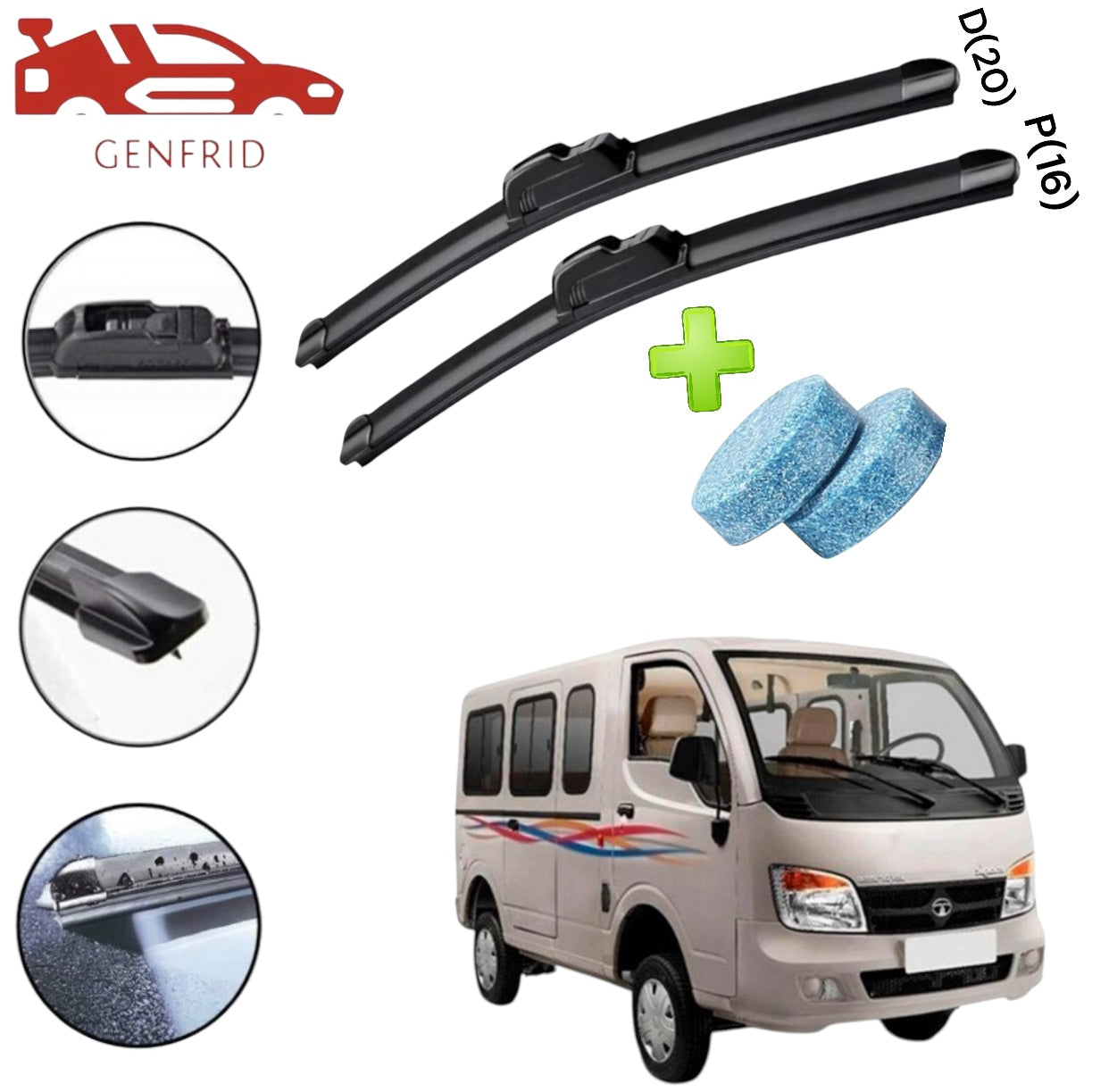 Genfrid Flat Rubber Frameless Car/Mini Truck Wiper For Tata Magic (Right-20, Left–16)(Pack Of 2)(Free Washer Tablet)