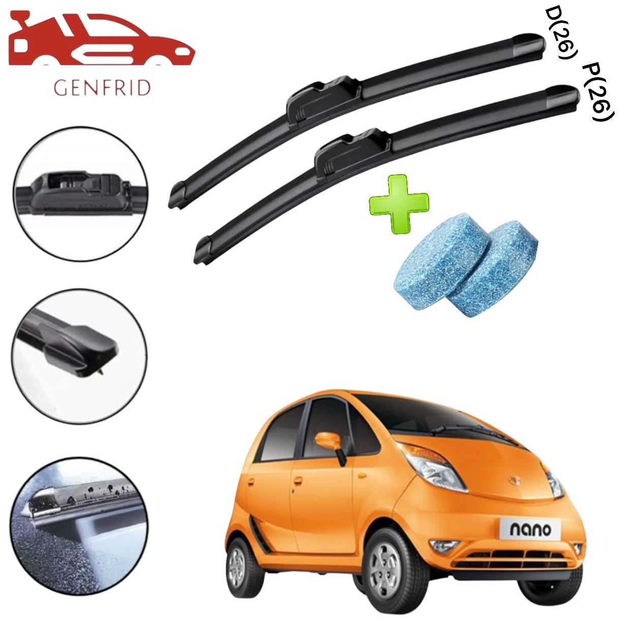 Genfrid Flat Rubber Frameless Car Wiper For Tata Nano (Right-26, Left–26)(Pack Of 2)(Free Washer Tablet)