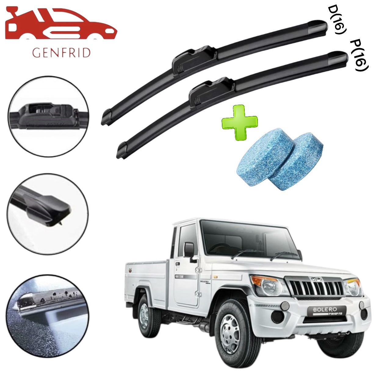 Genfrid Flat Rubber Frameless Car Wiper For Mahindra Bolero Pickup (Right-16, Left–16)(Pack Of 2)(Free Washer Tablet)