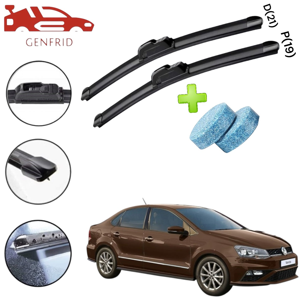 Genfrid Flat Rubber Frameless Car Wiper For Volkswagen Vento (Right-21, Left–19)(Pack Of 2)(Free Washer Tablet)