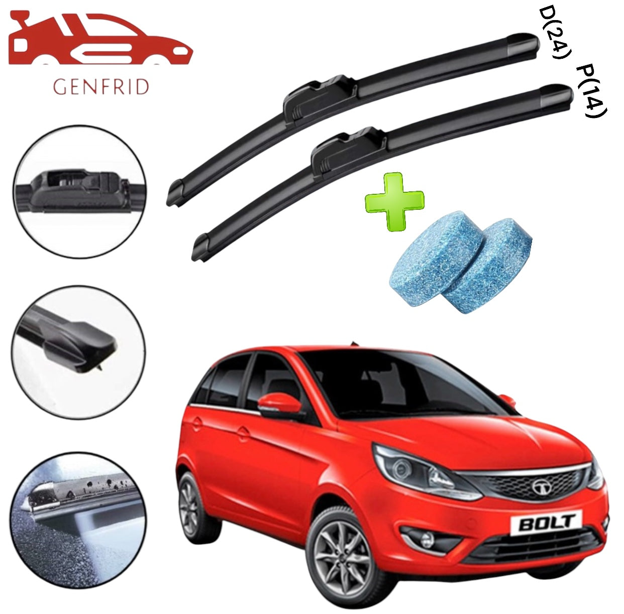 Genfrid Flat Rubber Frameless Car Wiper For Tata Bolt (Right-24, Left–14)(Pack Of 2)(Free Washer Tablet)