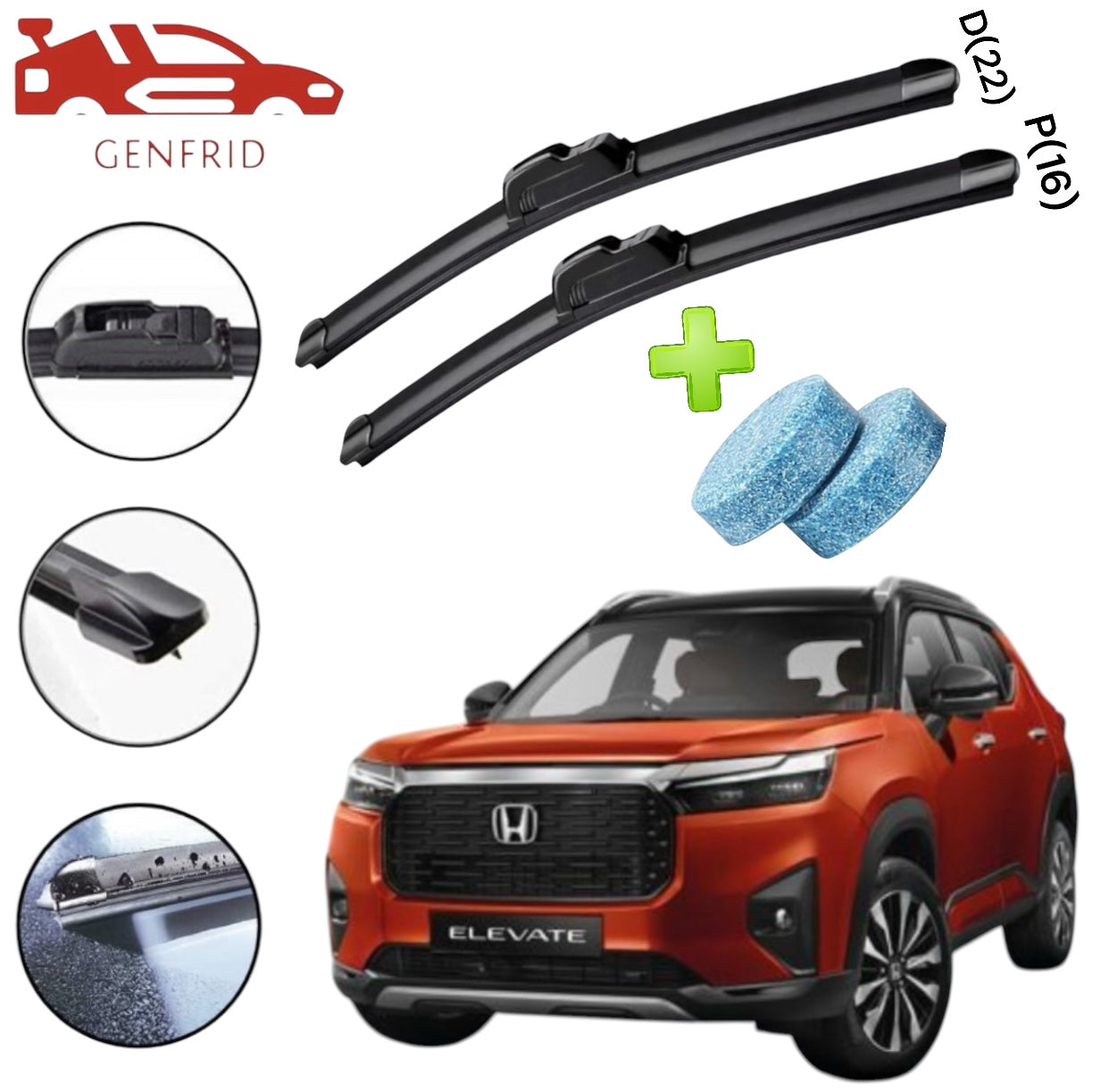 Genfrid Flat Rubber Frameless Car Wiper For Honda Elevate (Right-22, Left–16)(Pack Of 2)(Free Washer Tablet)