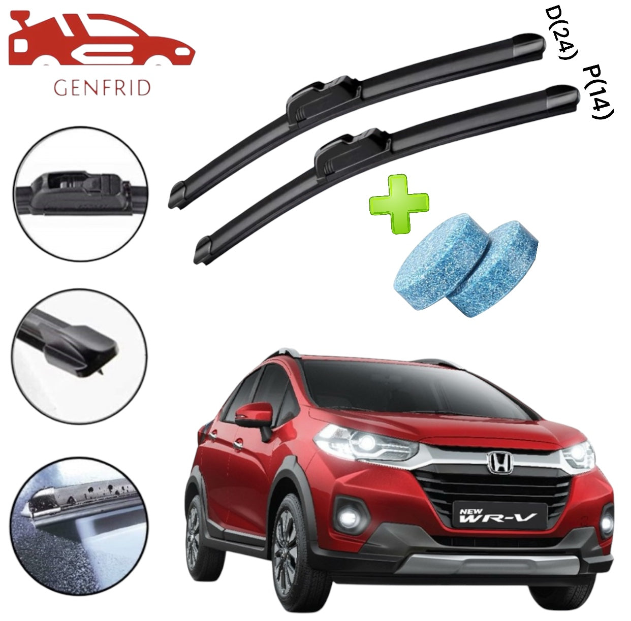 Genfrid Flat Rubber Frameless Car Wiper For Honda WRV (Right-24, Left–14)(Pack Of 2)(Free Washer Tablet)