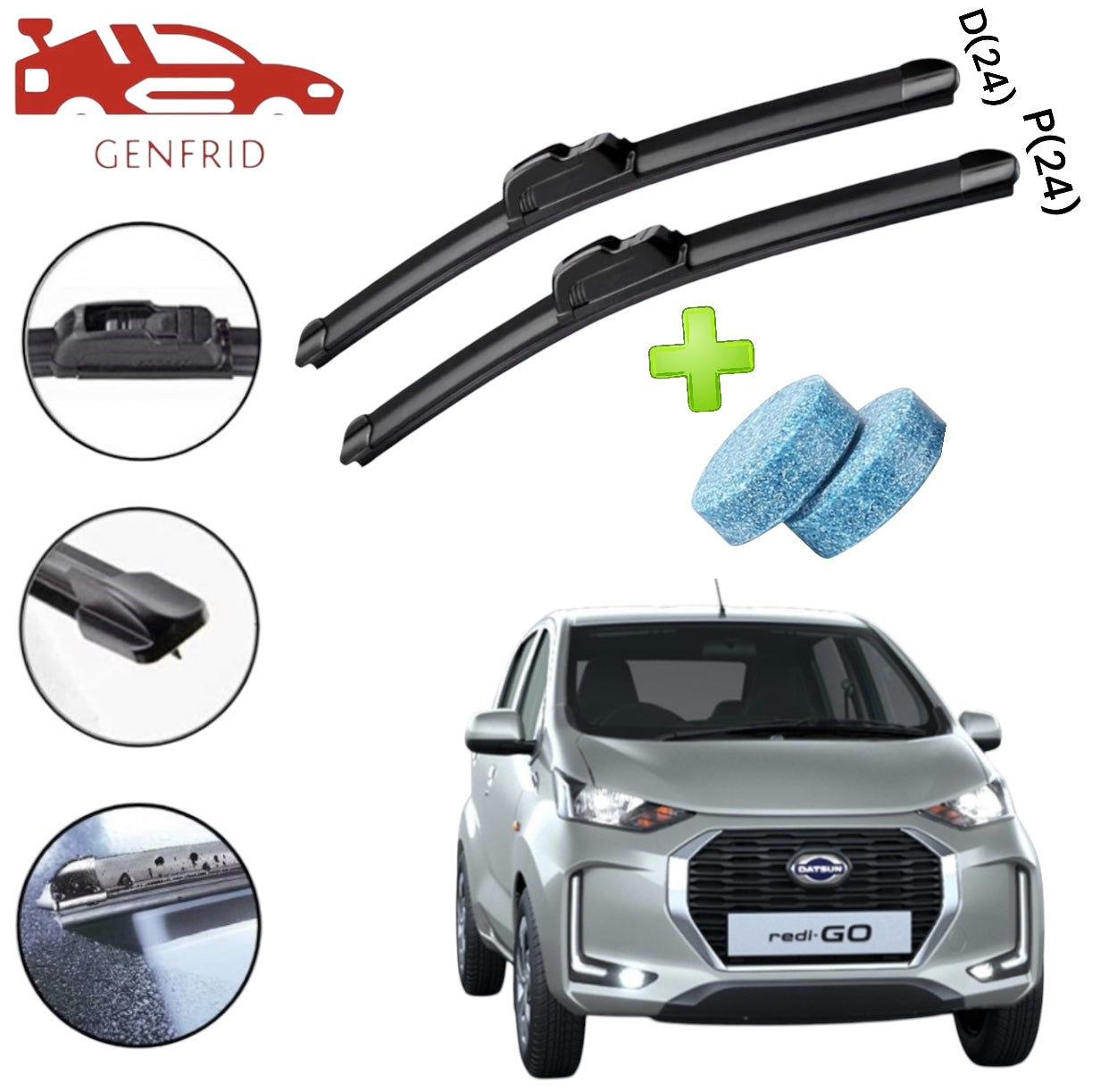 Genfrid Flat Rubber Frameless Car Wiper For Datsun Redigo (Right-24, Left–24)(Pack Of 2)(Free Washer Tablet)