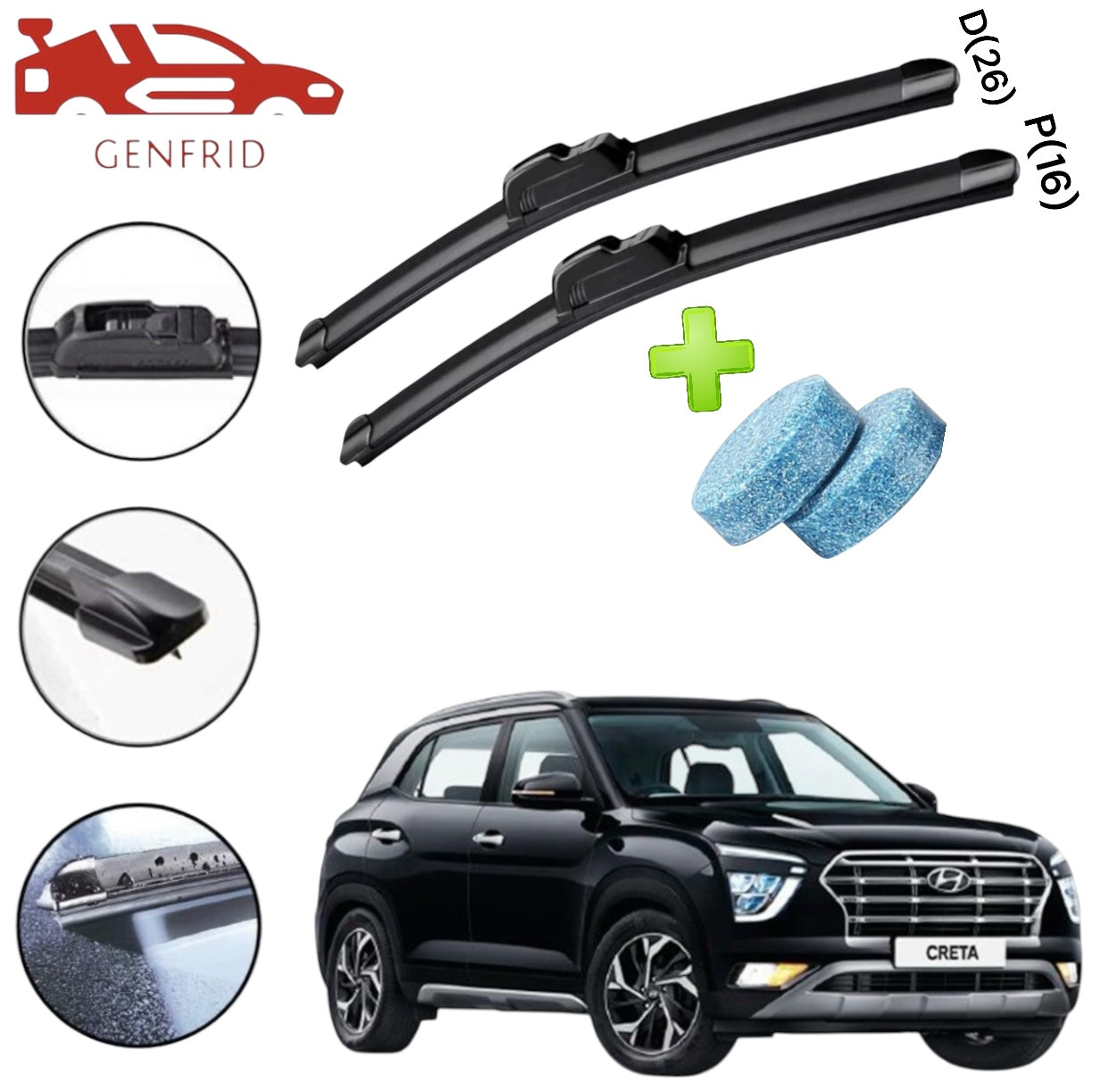 Genfrid Flat Rubber Frameless Car Wiper For Hyundai Creta 2020-22 (Right-26, Left–16)(Pack Of 2)(Free Washer Tablet)