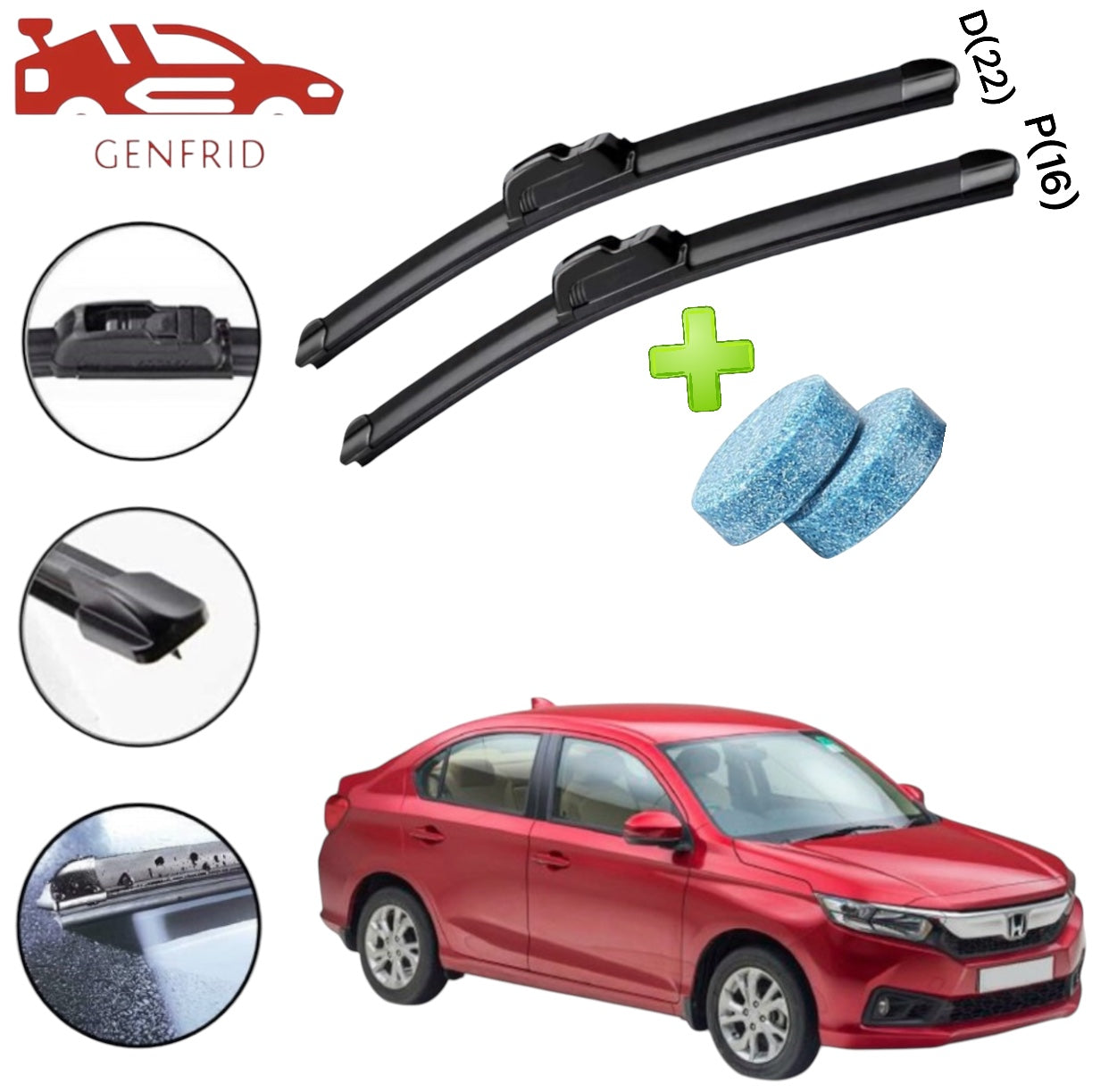Genfrid Flat Rubber Frameless Car Wiper For Honda Amaze 2018 (Right-22, Left–16)(Pack Of 2)(Free Washer Tablet)