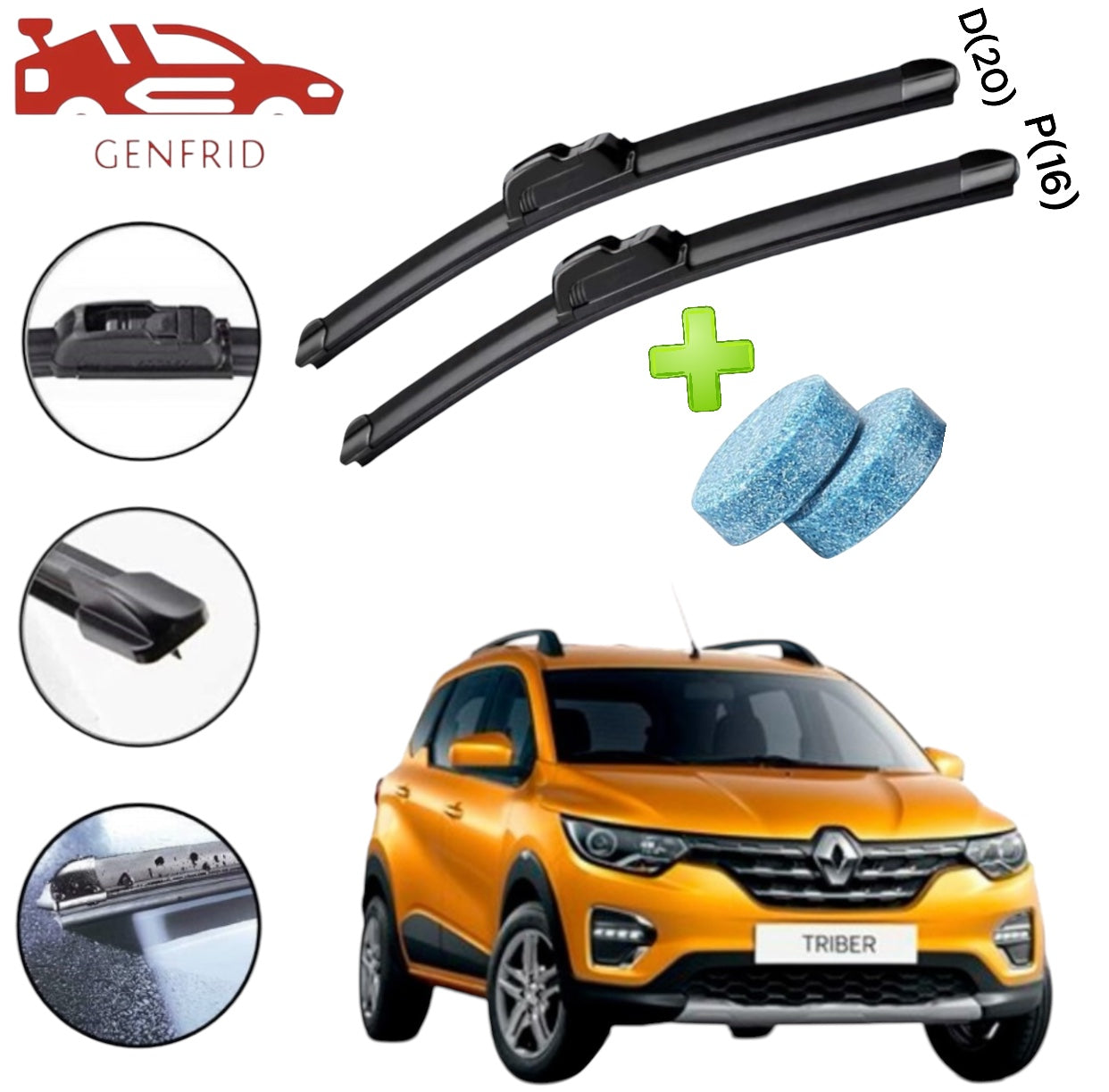 Genfrid Flat Rubber Frameless Car Wiper For Renault Triber (Right-20, Left–16)(Pack Of 2)(Free Washer Tablet)