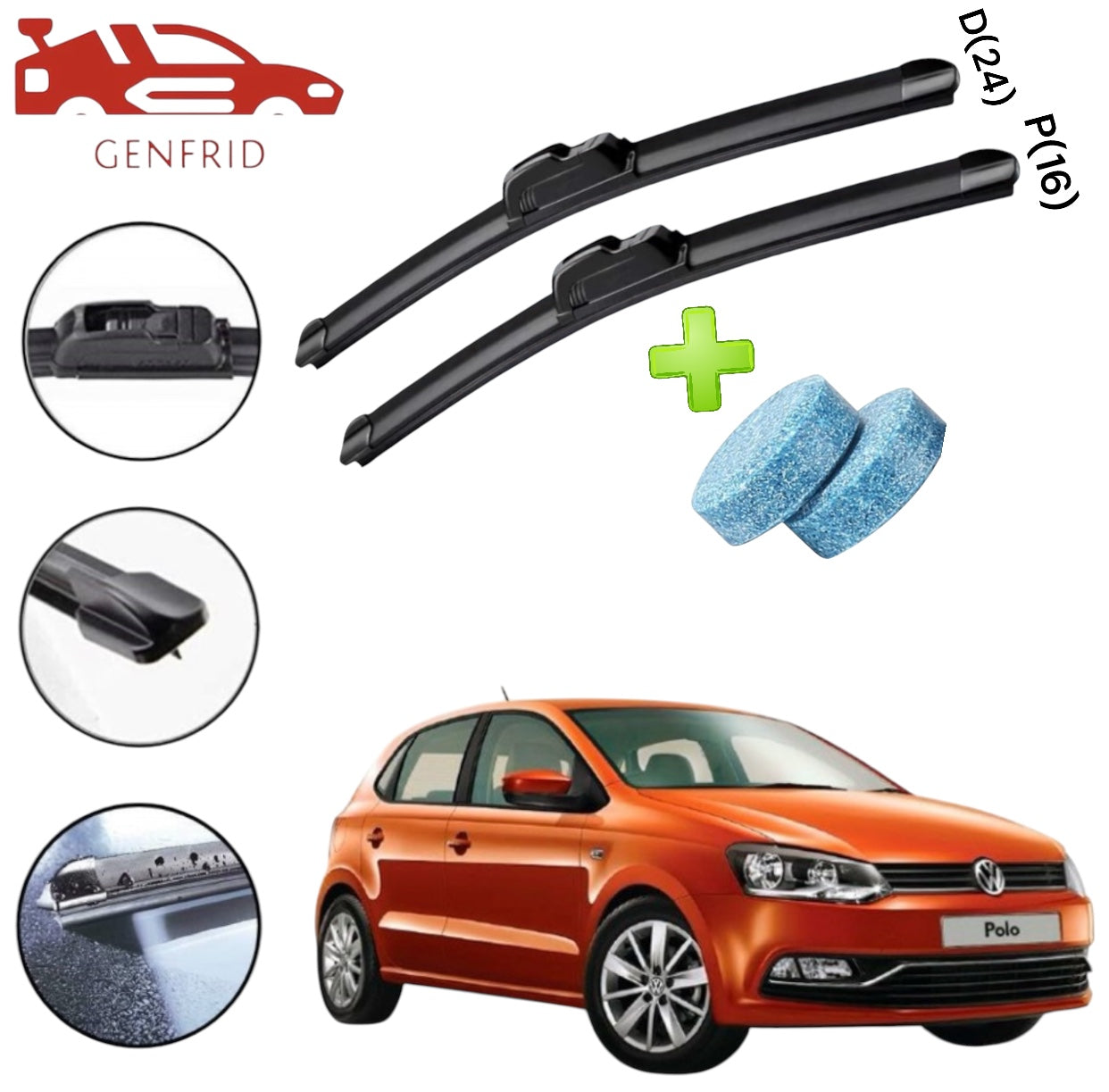 Genfrid Flat Rubber Frameless Car Wiper For Volkswagen Polo (Right-24, Left–16)(Pack Of 2)(Free Washer Tablet)