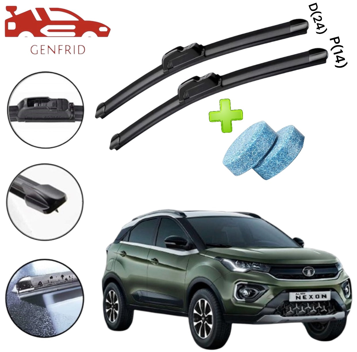 Genfrid Flat Rubber Frameless Car Wiper For Tata Nexon (Right-24, Left–14)(Pack Of 2)(Free Washer Tablet)