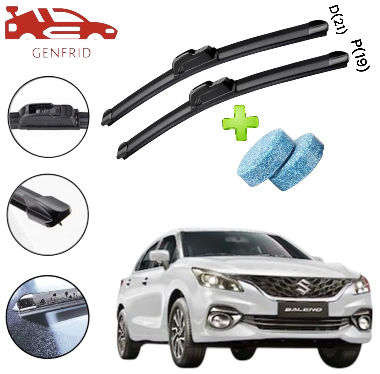 Genfrid Flat Rubber Frameless Car Wiper For Maruti Baleno 2022 (Right-21, Left–19)(Pack Of 2)(Free Washer Tablet)