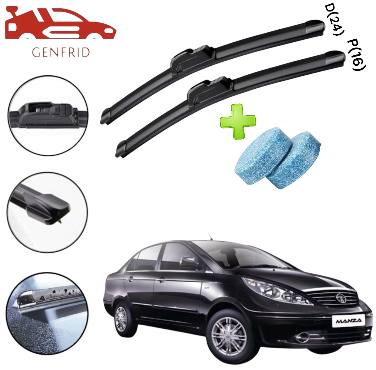 Genfrid Flat Rubber Frameless Car Wiper For Tata Manza (Right-24, Left–16)(Pack Of 2)(Free Washer Tablet)