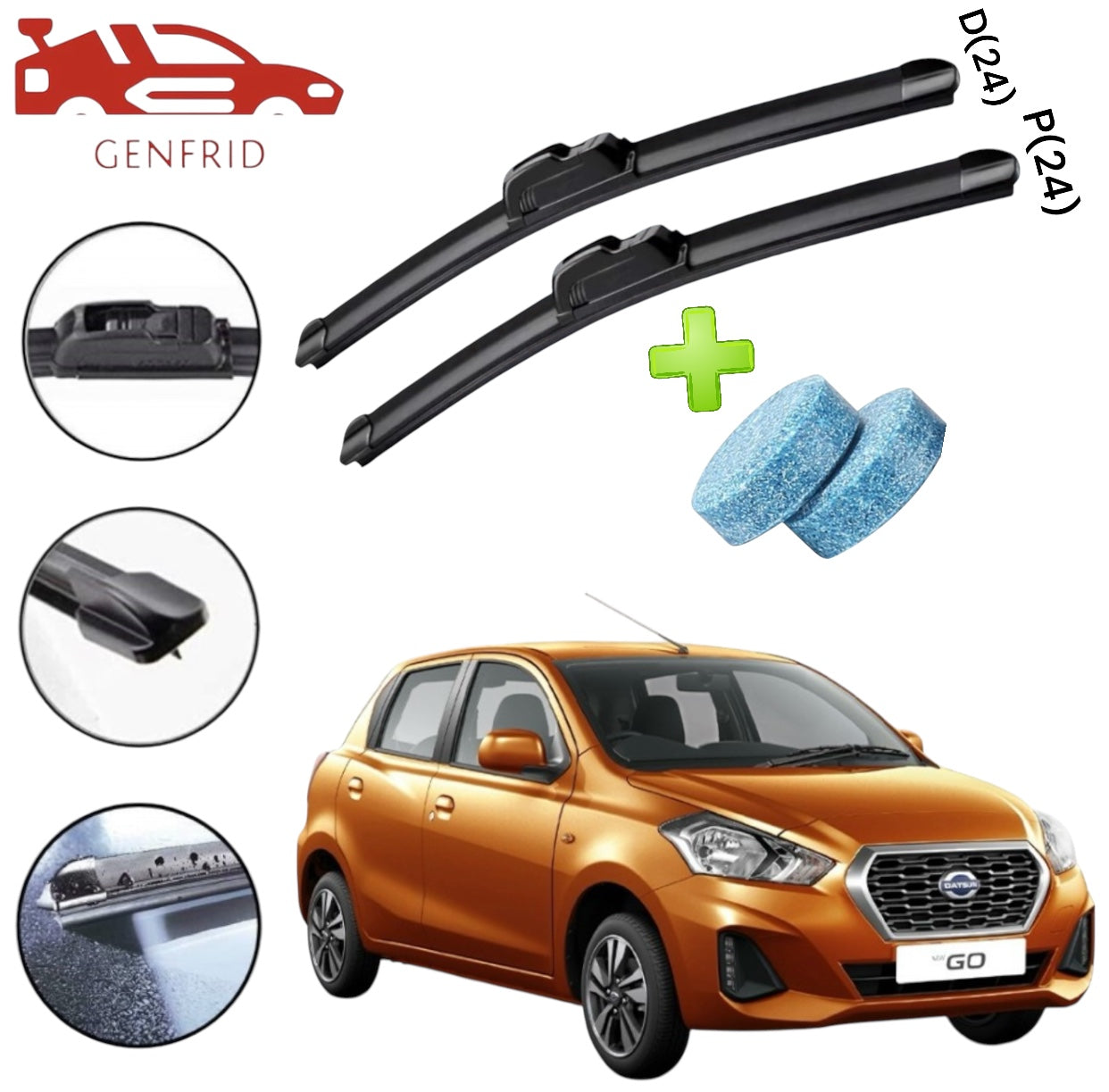 Genfrid Flat Rubber Frameless Car Wiper For Datsun go (Right-24, Left–24)(Pack Of 2)(Free Washer Tablet)